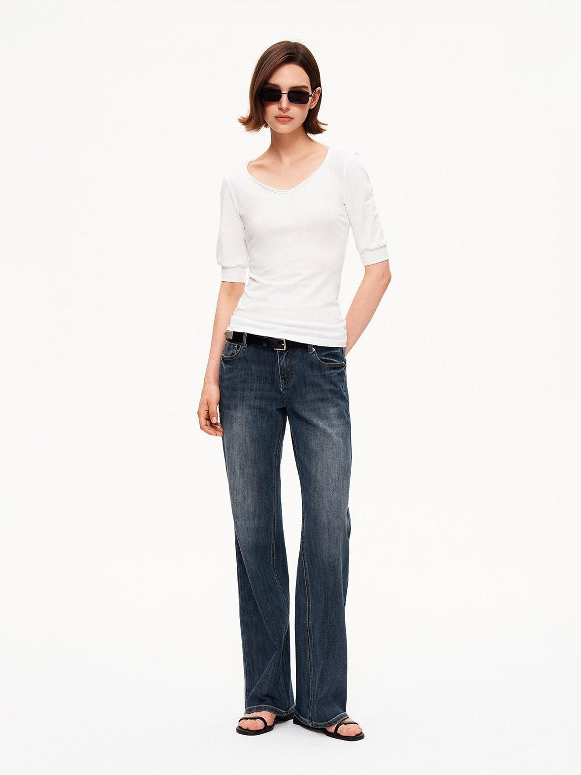 STRIKE A POSE Solid U Neck Cuffed Half Slim Waist Women&