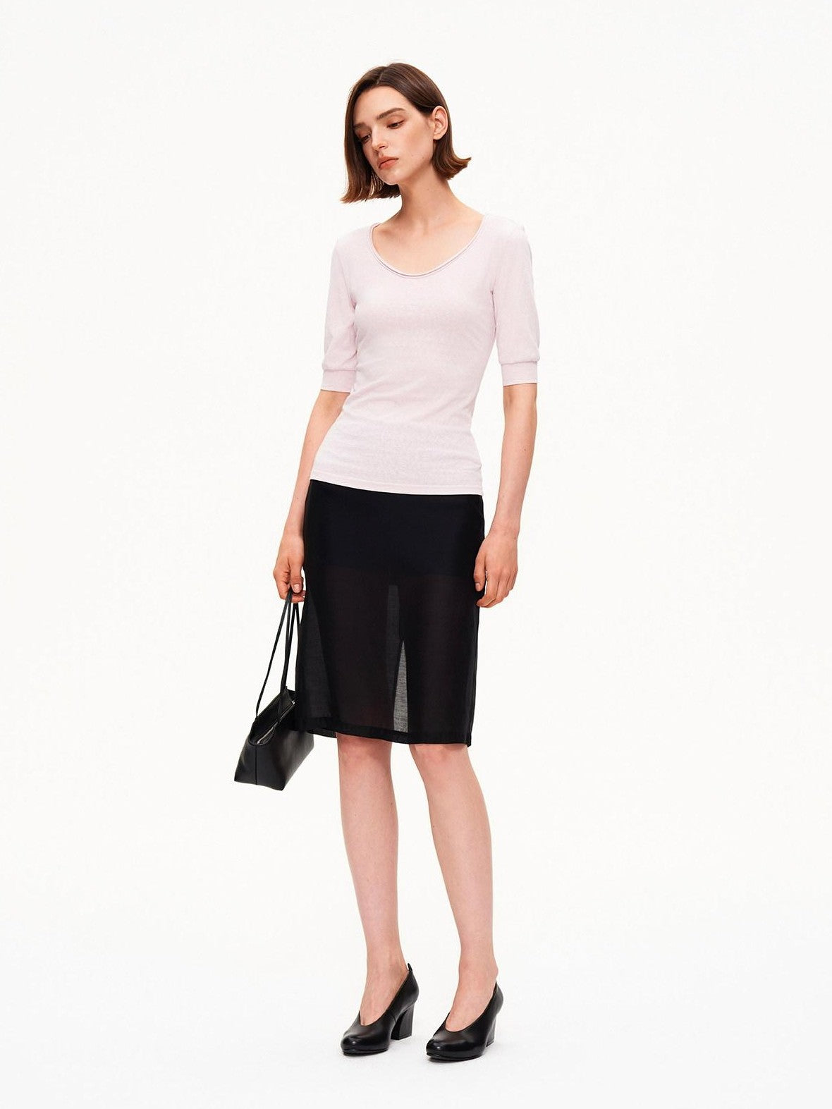 STRIKE A POSE Solid U Neck Cuffed Half Slim Waist Women&