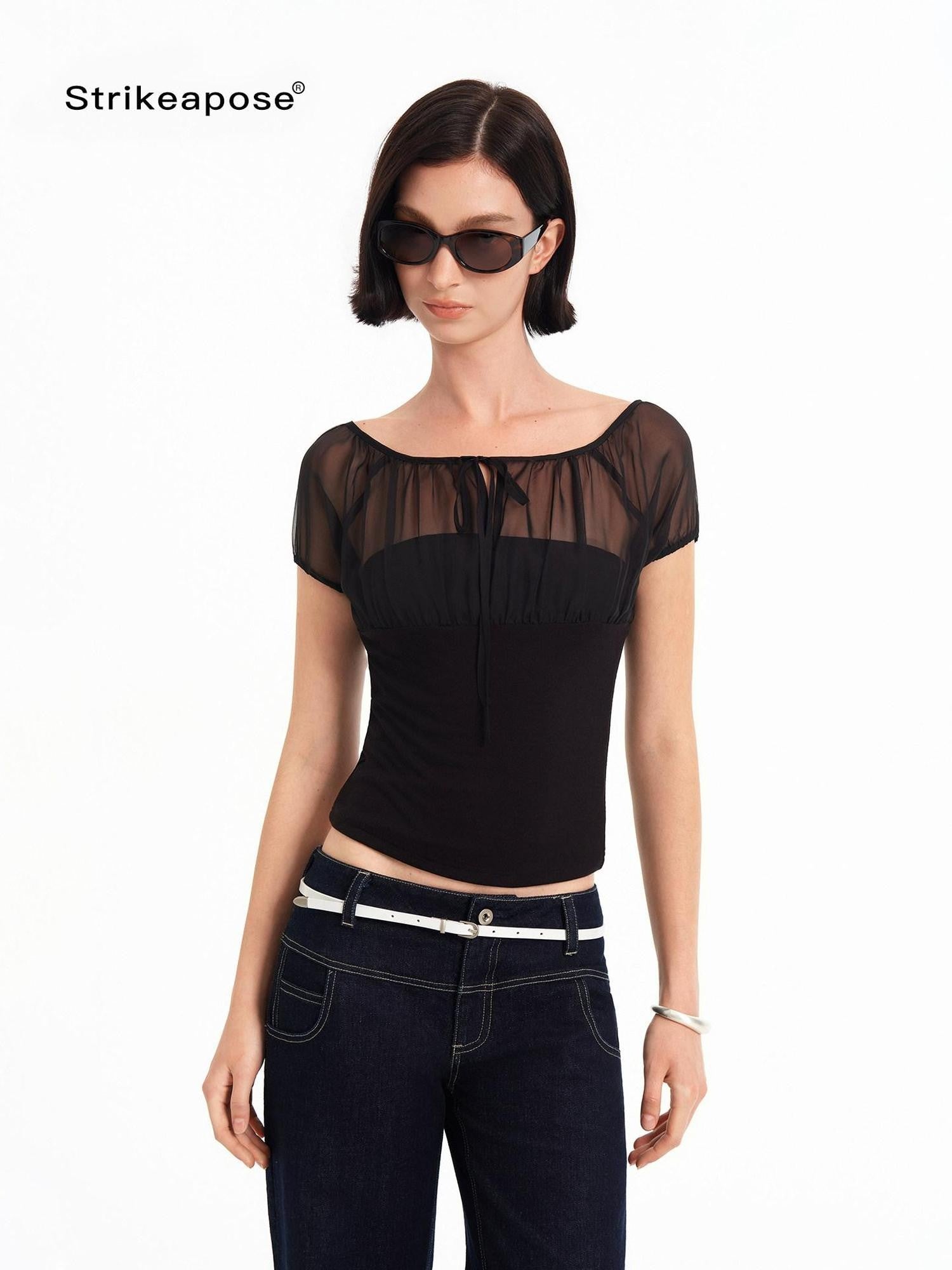 STRIKE A POSE Square Neck Mesh Splice Waist Slim Women&