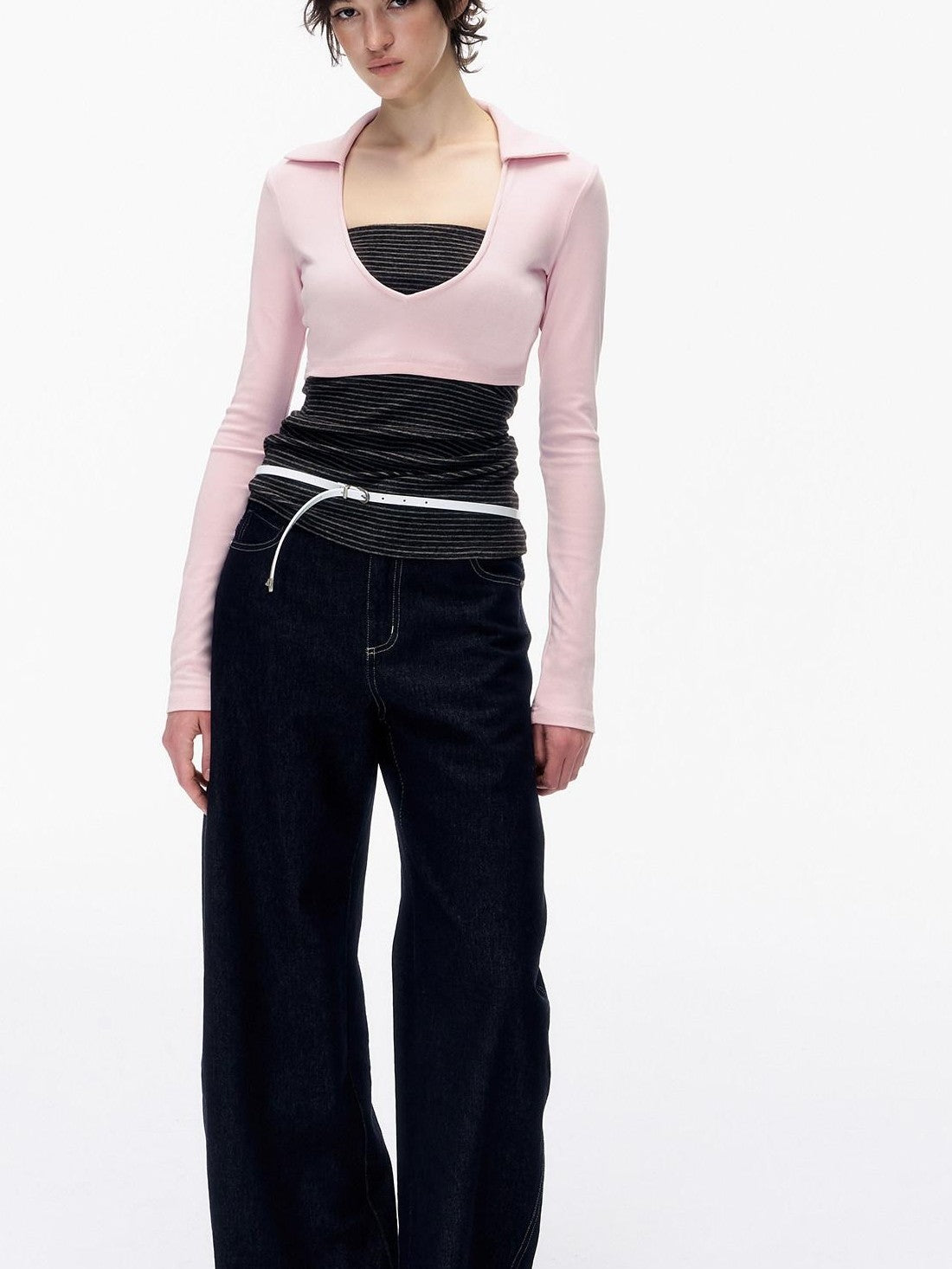 STRIKE A POSE Striped Colorblock Deep V Knit Women&