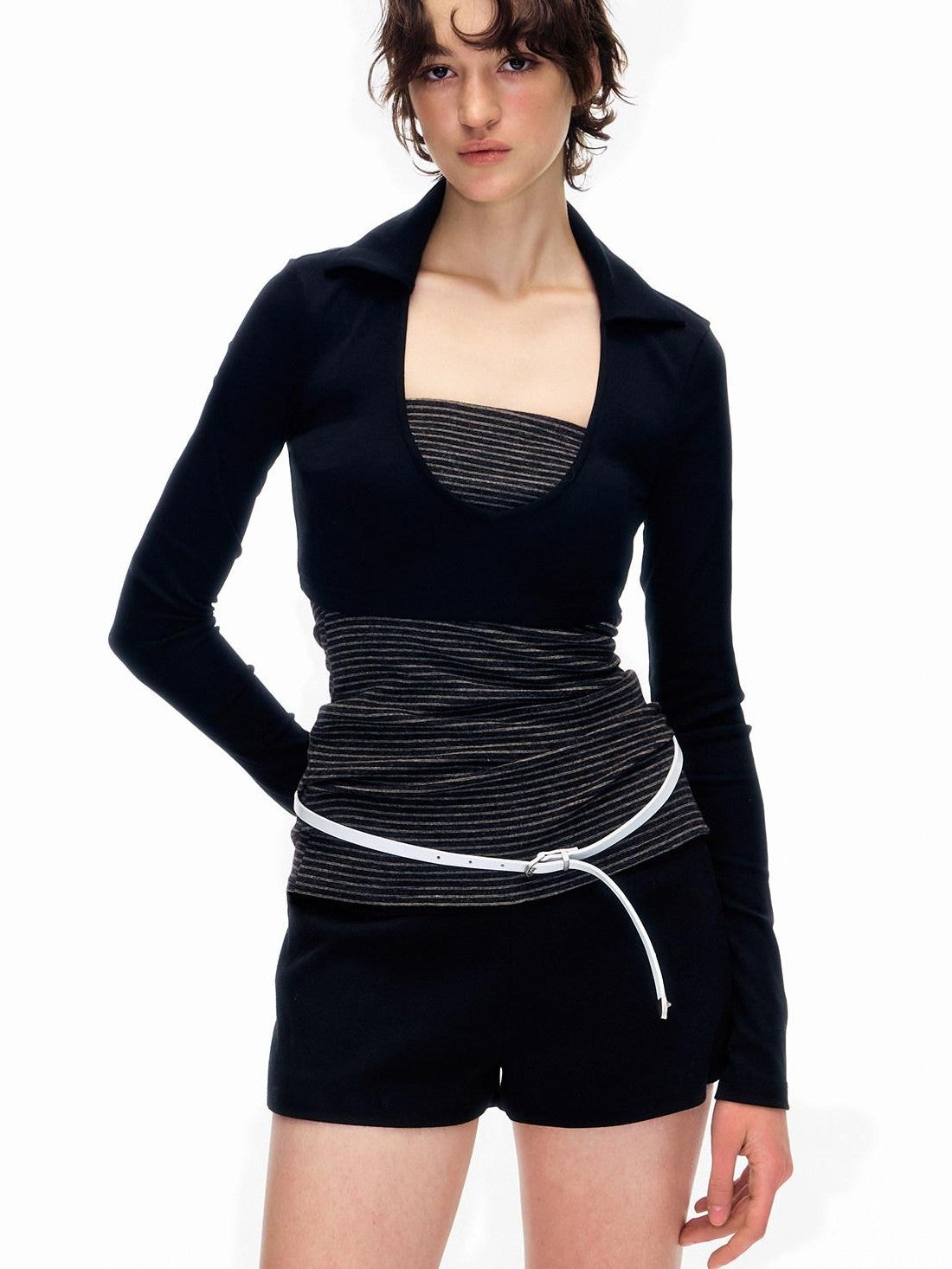 STRIKE A POSE Striped Colorblock Deep V Knit Women&