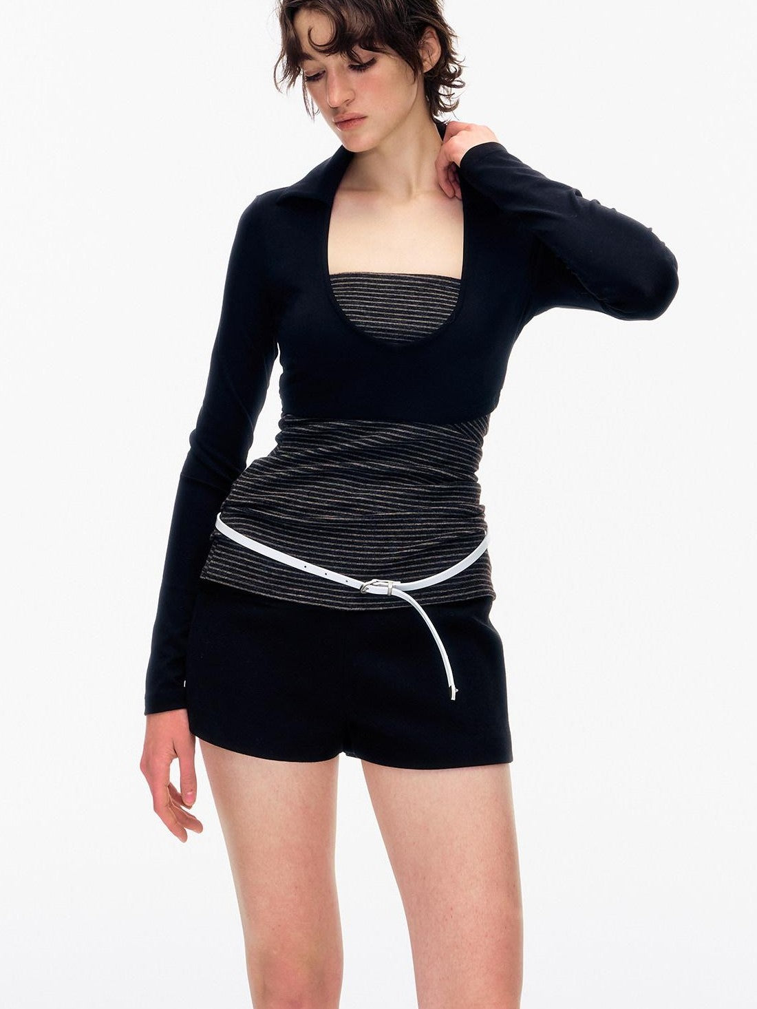 STRIKE A POSE Striped Colorblock Deep V Knit Women&