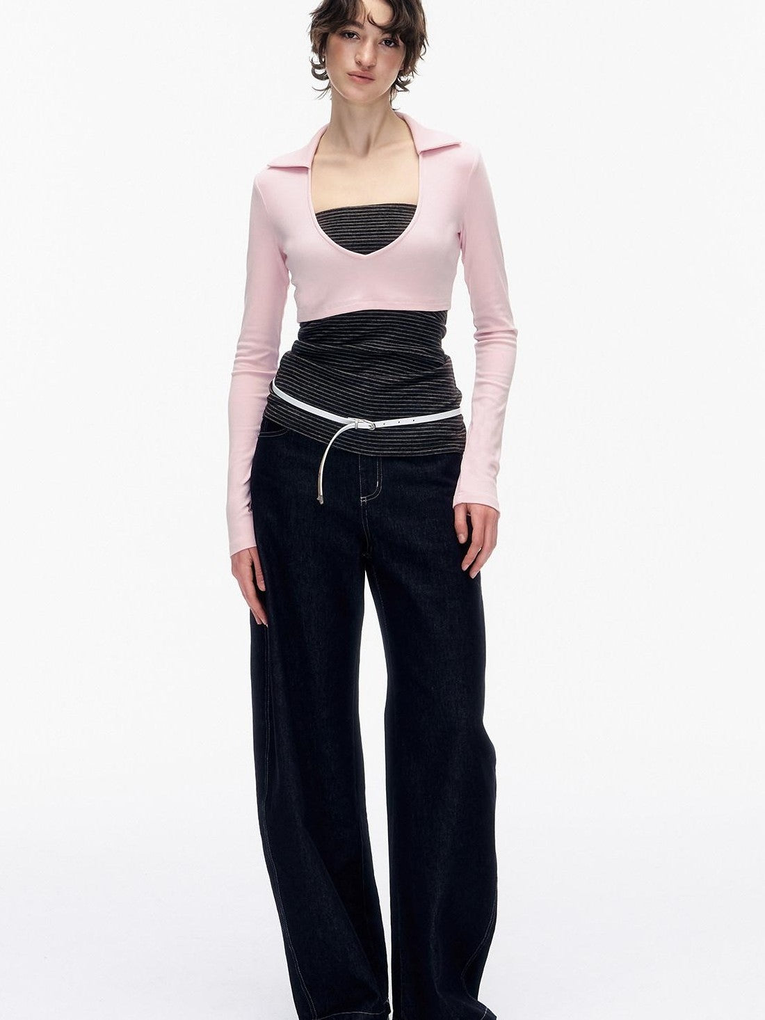 STRIKE A POSE Striped Colorblock Deep V Knit Women&