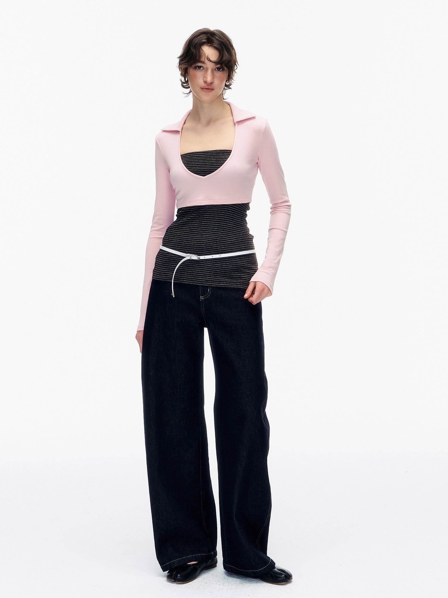 STRIKE A POSE Striped Colorblock Deep V Knit Women&