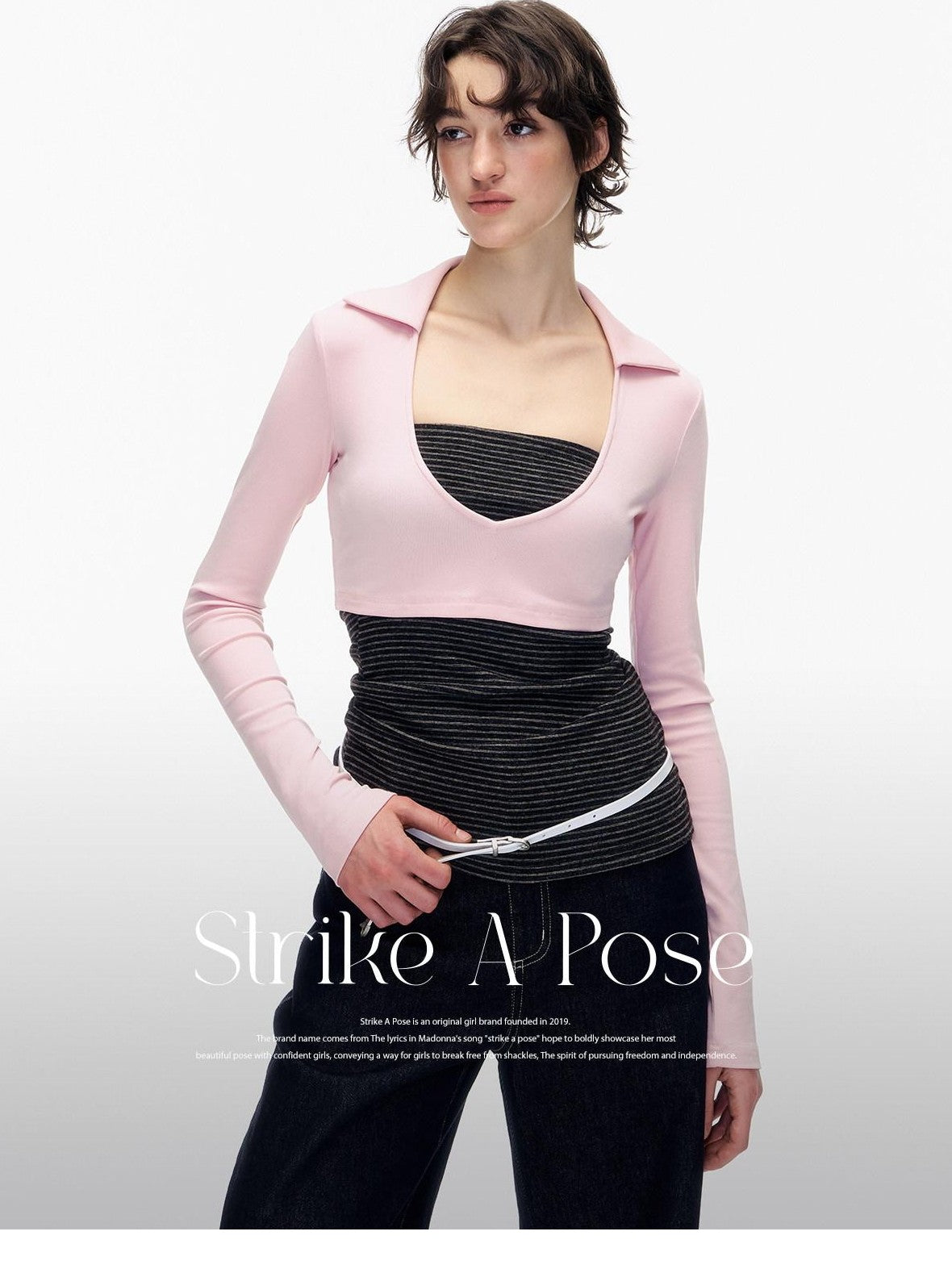 STRIKE A POSE Striped Colorblock Deep V Knit Women&