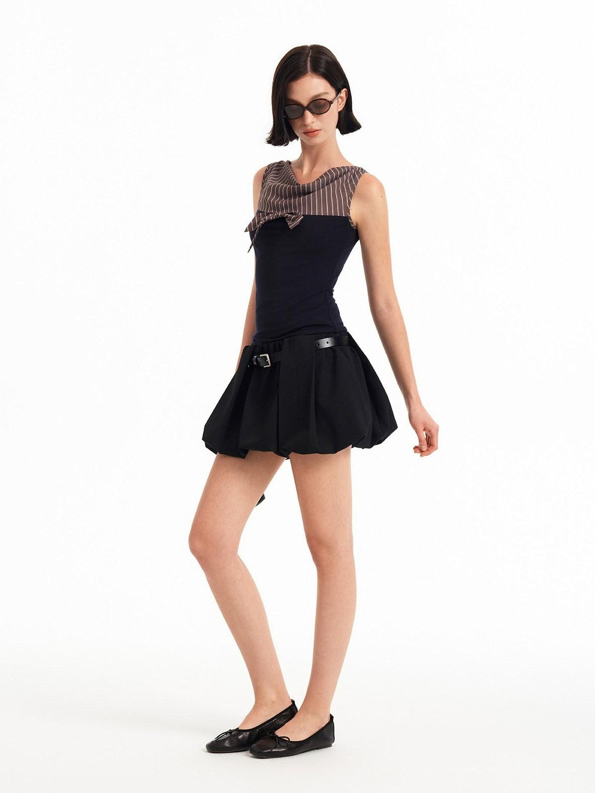 STRIKE A POSE Striped Contrast Splice Shirt Collar Knit Fitted Waist Women&