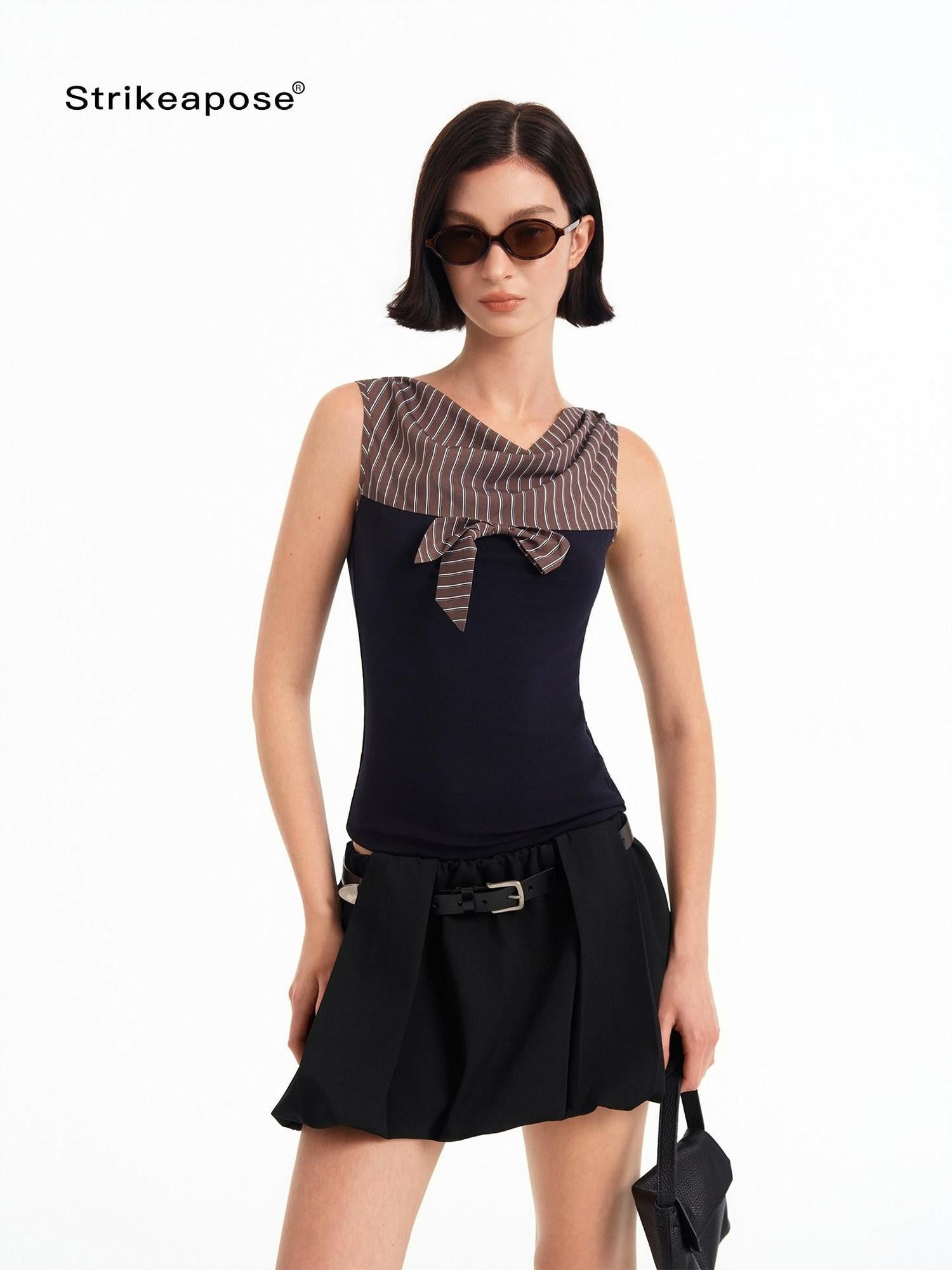STRIKE A POSE Striped Contrast Splice Shirt Collar Knit Fitted Waist Women&