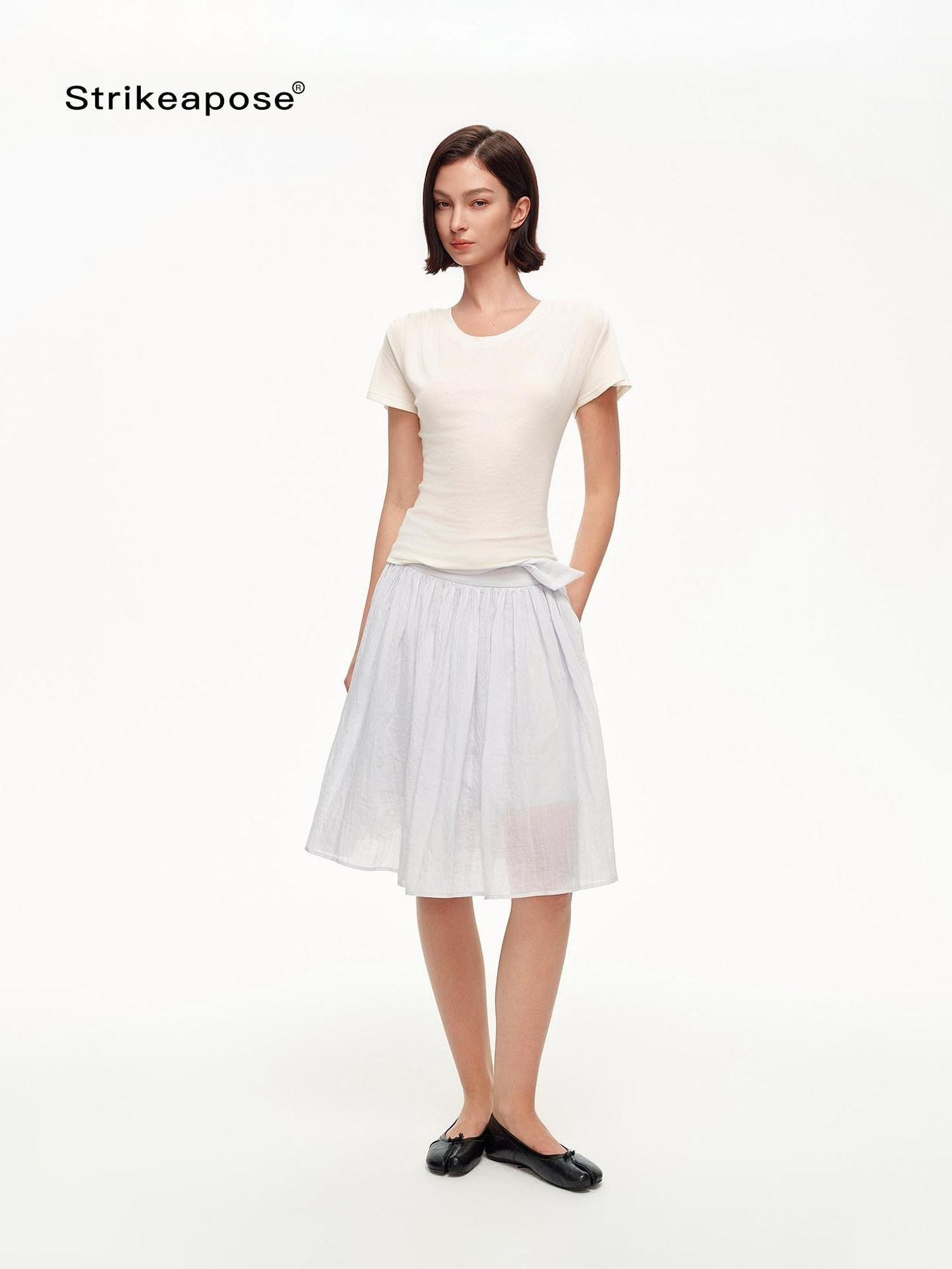 STRIKE A POSE Textured Bow Asymmetric Twist Side Zip Ballet Women&