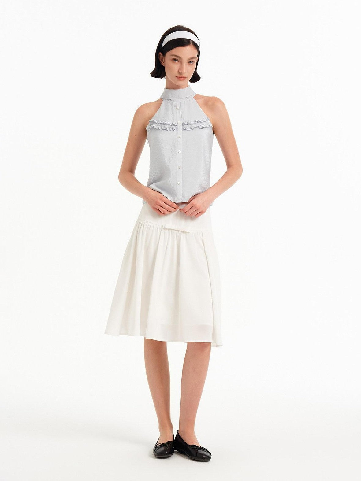 STRIKE A POSE Textured Convertible Stand Collar Ruffle Button Slim Women&