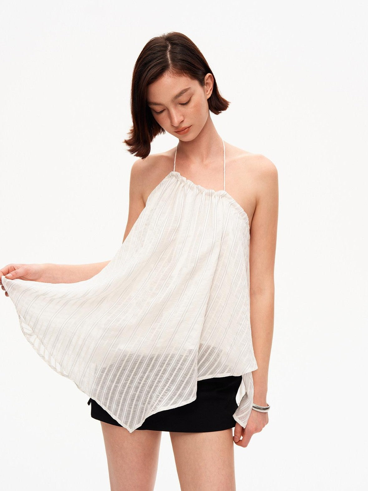 STRIKE A POSE Textured Ruched Halter A Line Slanted Hem Layered Women&