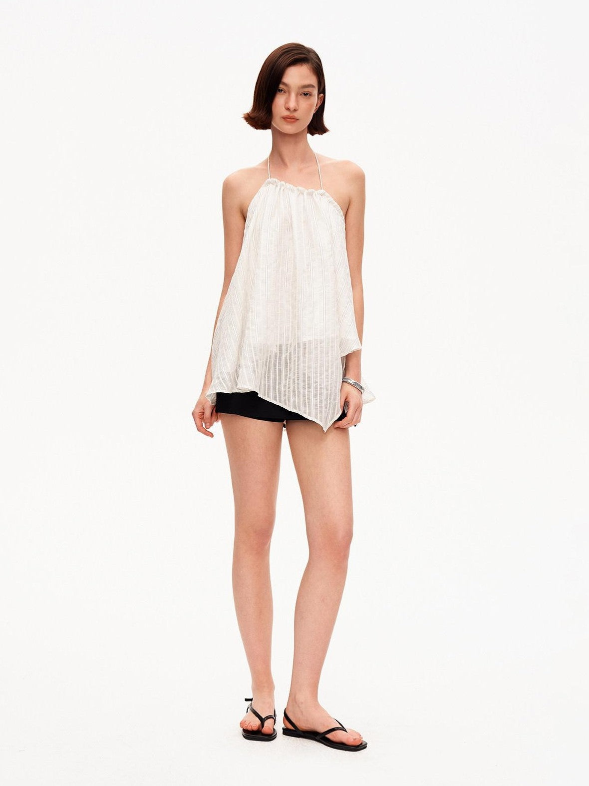 STRIKE A POSE Textured Ruched Halter A Line Slanted Hem Layered Women&