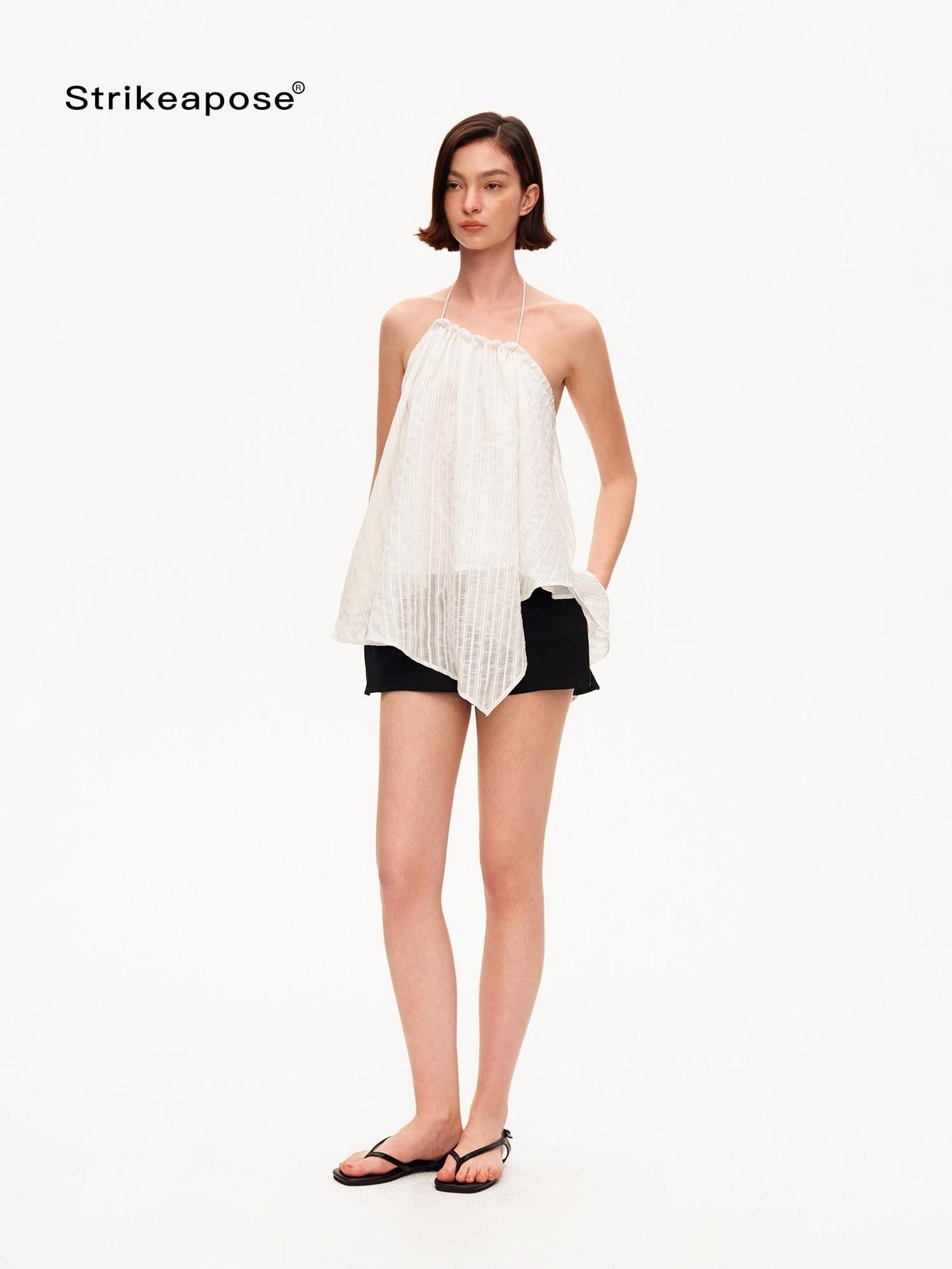 STRIKE A POSE Textured Ruched Halter A Line Slanted Hem Layered Women&