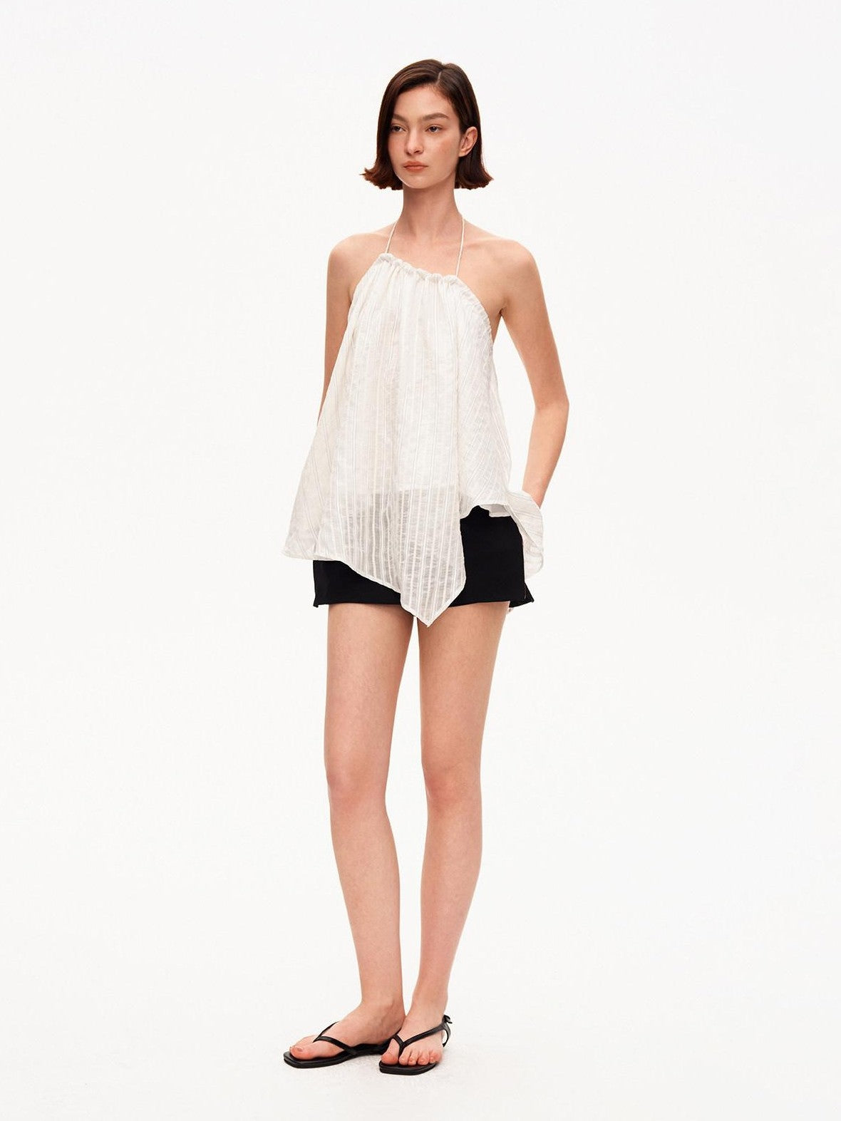 STRIKE A POSE Textured Ruched Halter A Line Slanted Hem Layered Women&