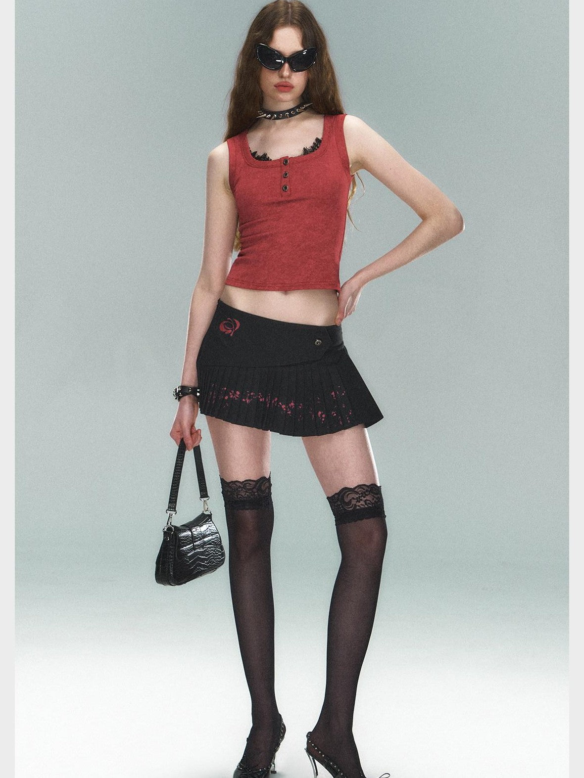 STRIKE A POSE Thorn Rose Foil Print Dark Pattern Lace Splice Women&