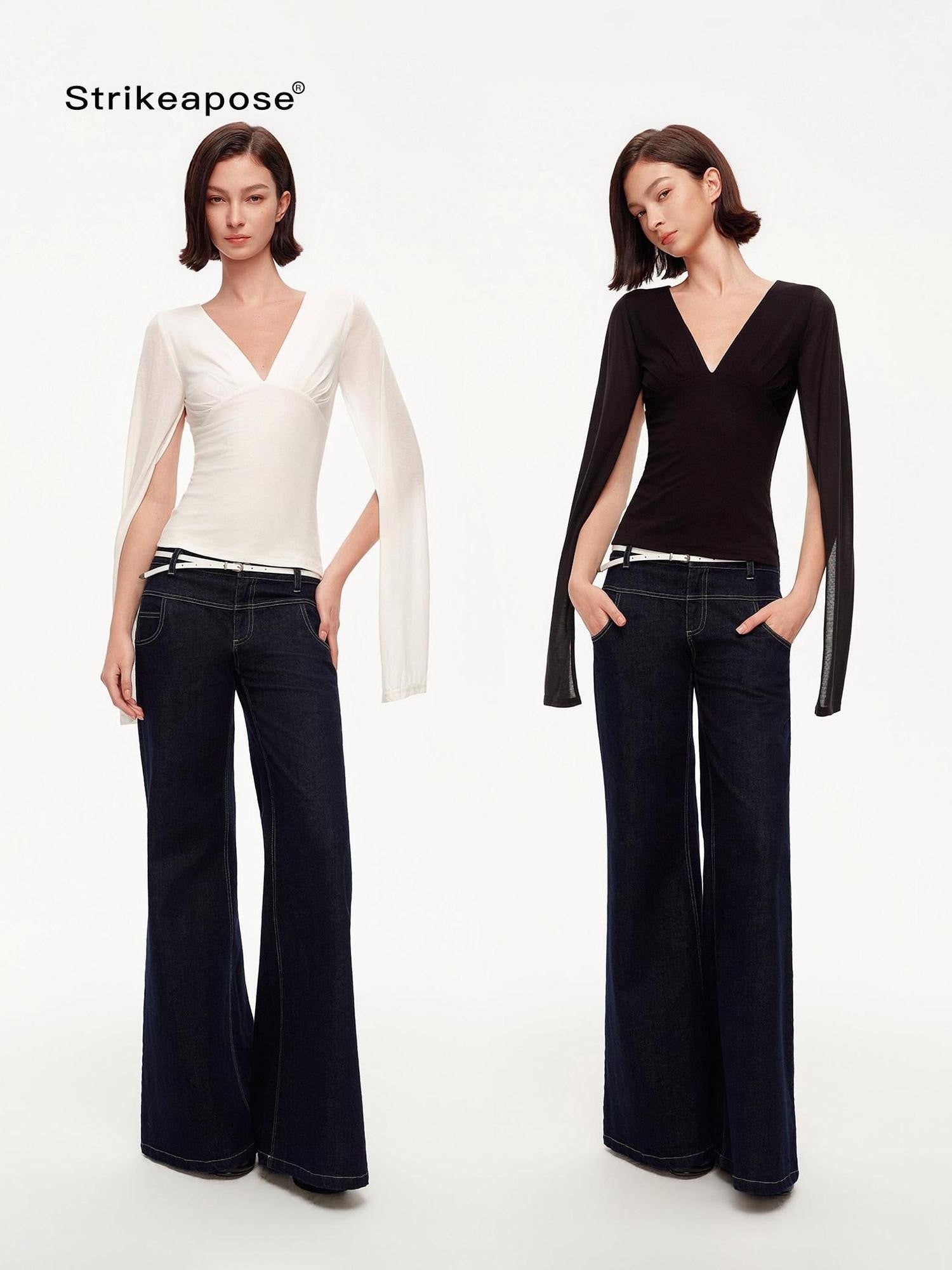 STRIKE A POSE Two Way V-neck Side Slit Mesh Sleeve Women&