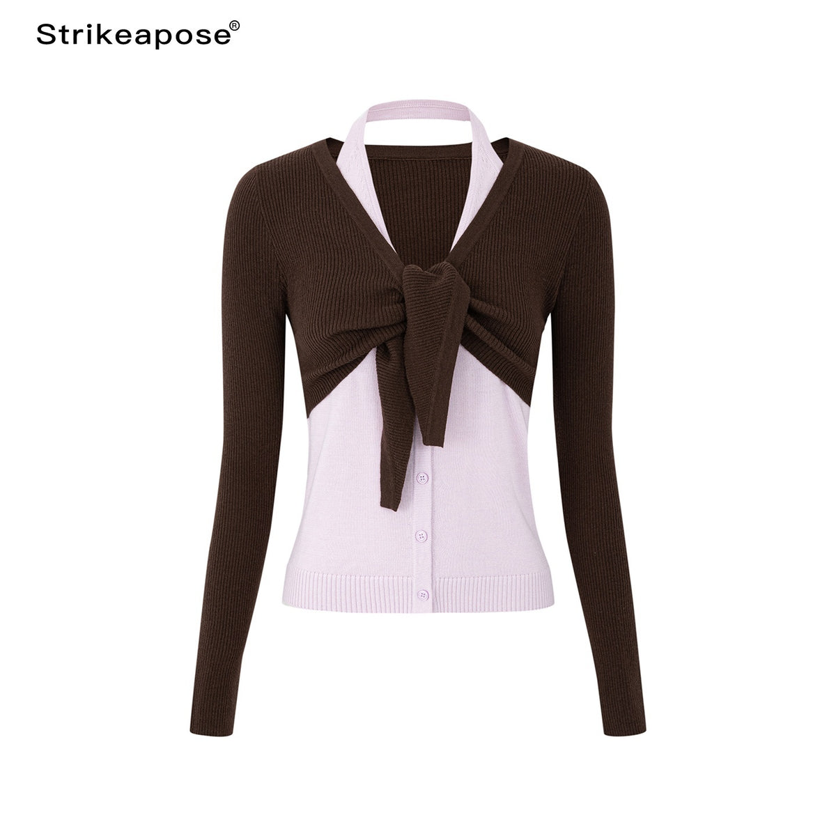 STRIKE_A_POSE_V-neck_Colorblock_Two_Piece_Cardigan_Knit_Shawl_Women&
