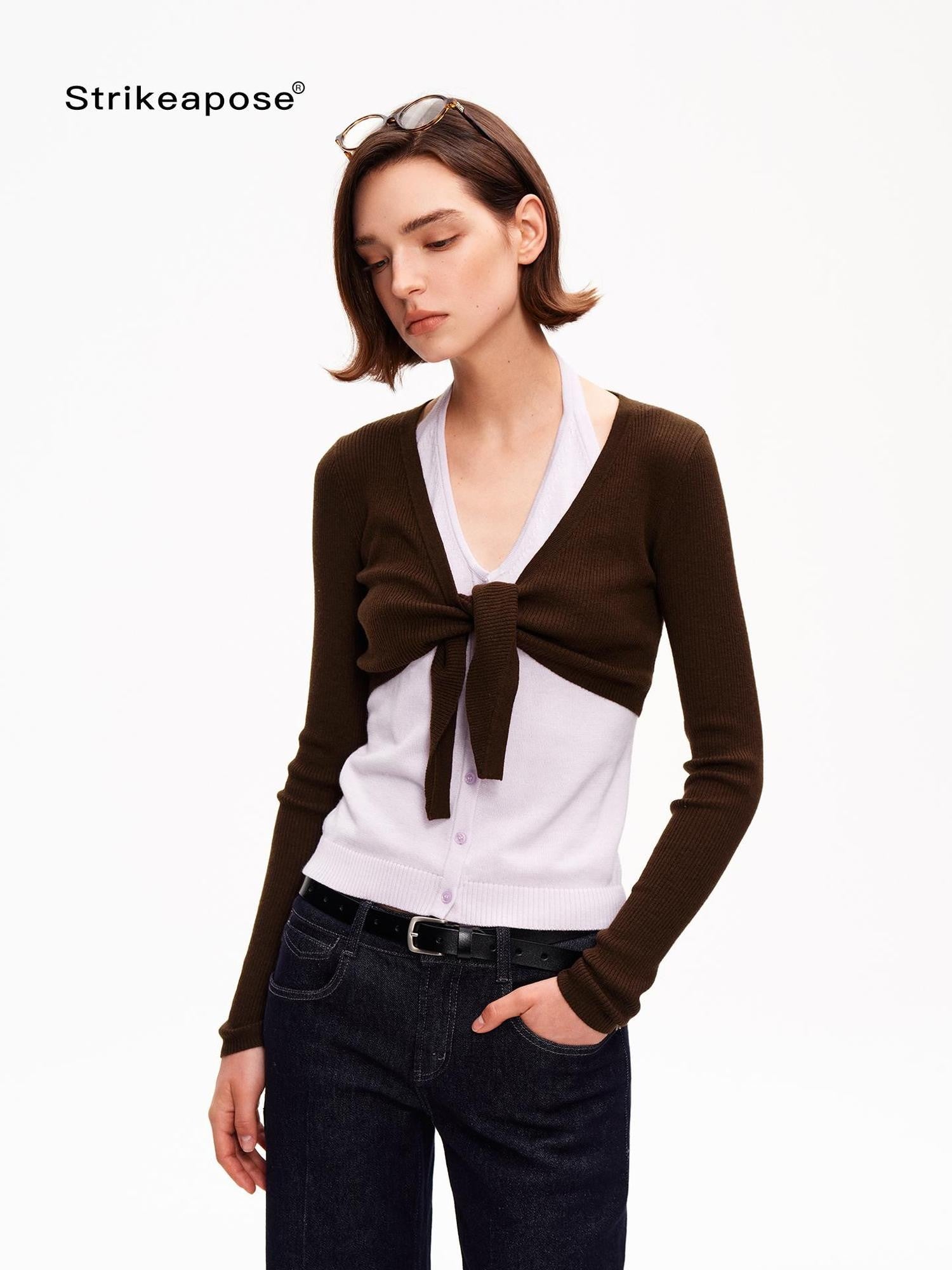 STRIKE A POSE V-neck Colorblock Two Piece Cardigan Knit Shawl Women&