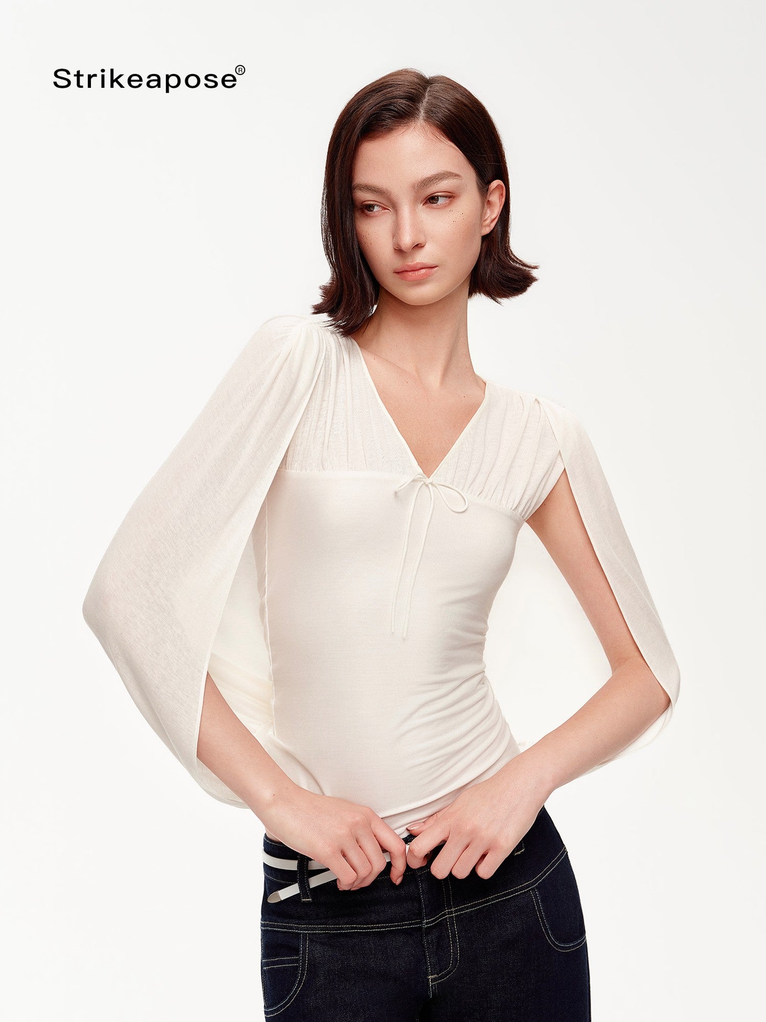 STRIKE A POSE V-neck Tie Cape Batwing Waist Cinch Women&