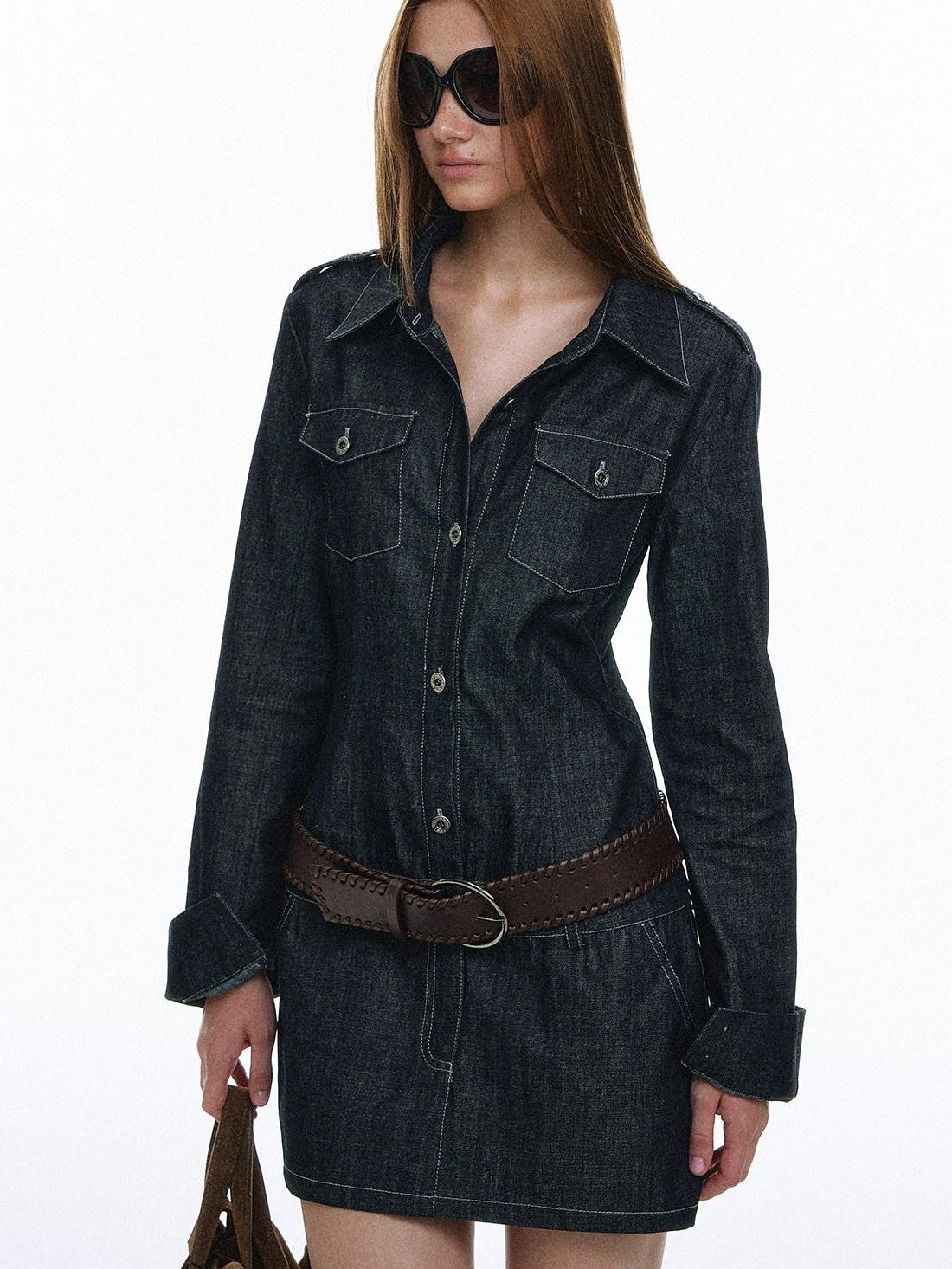 STRIKE A POSE Vintage Workwear Denim Long Sleeve Belted Women&