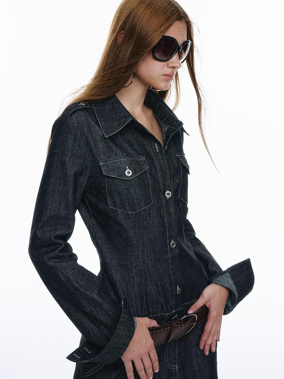 STRIKE A POSE Vintage Workwear Denim Long Sleeve Belted Women&