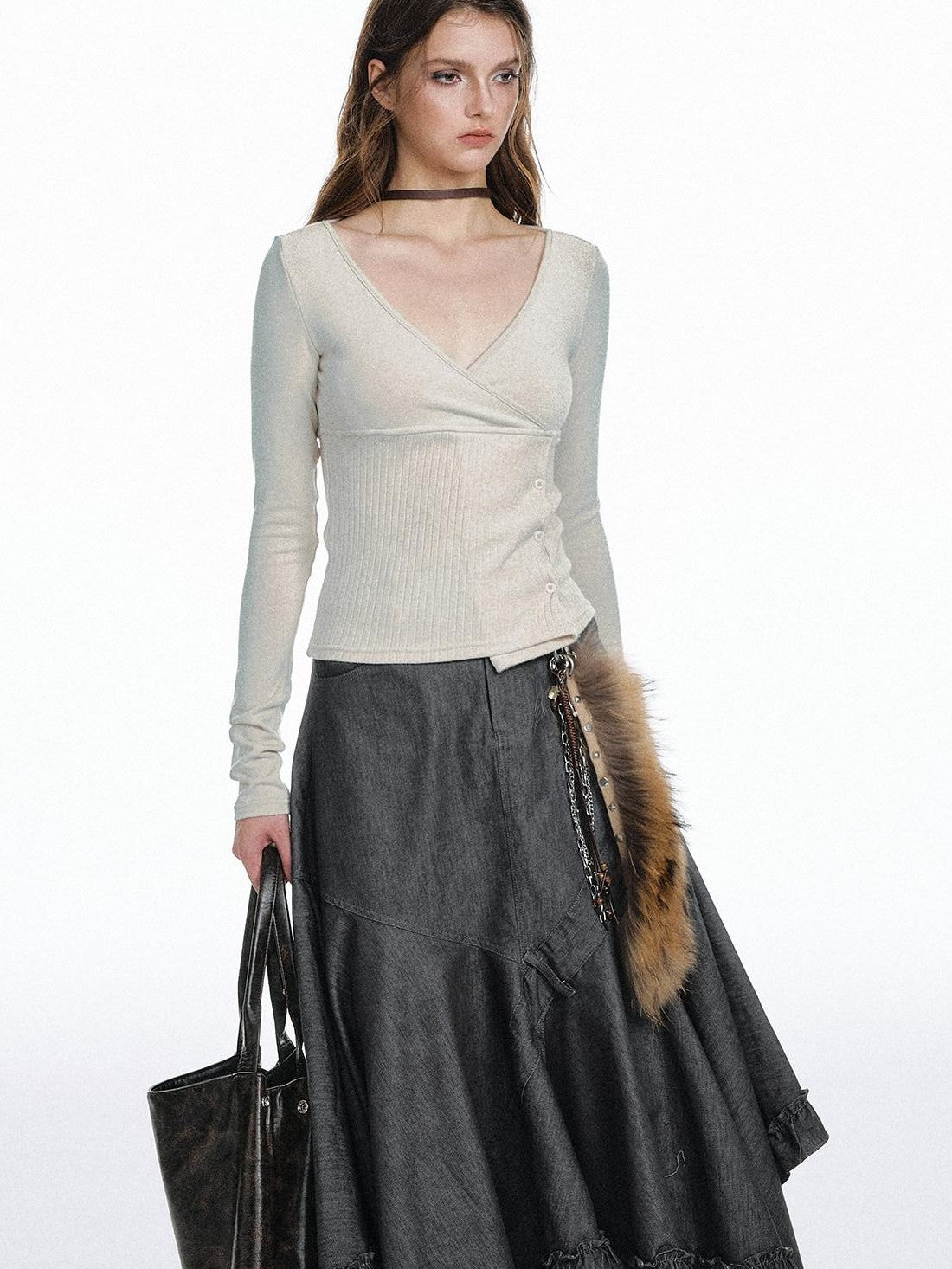 STRIKE A POSE Waist Cinch Button Placket Deep V Women&