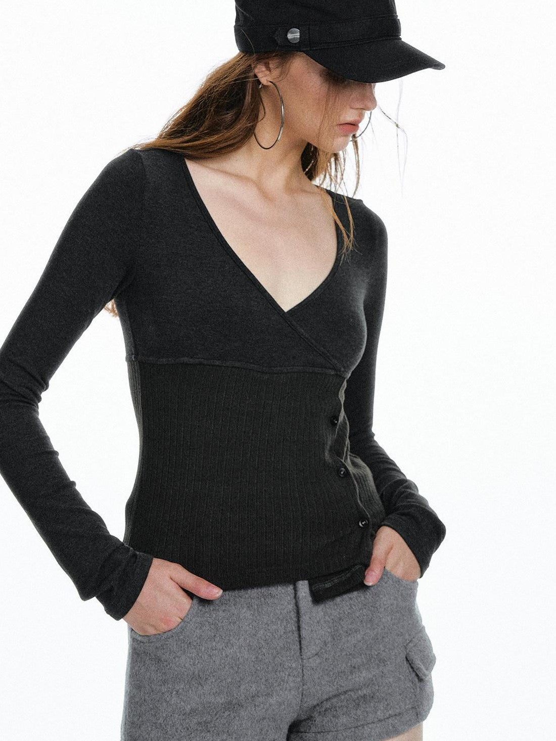 STRIKE A POSE Waist Cinch Button Placket Deep V Women&