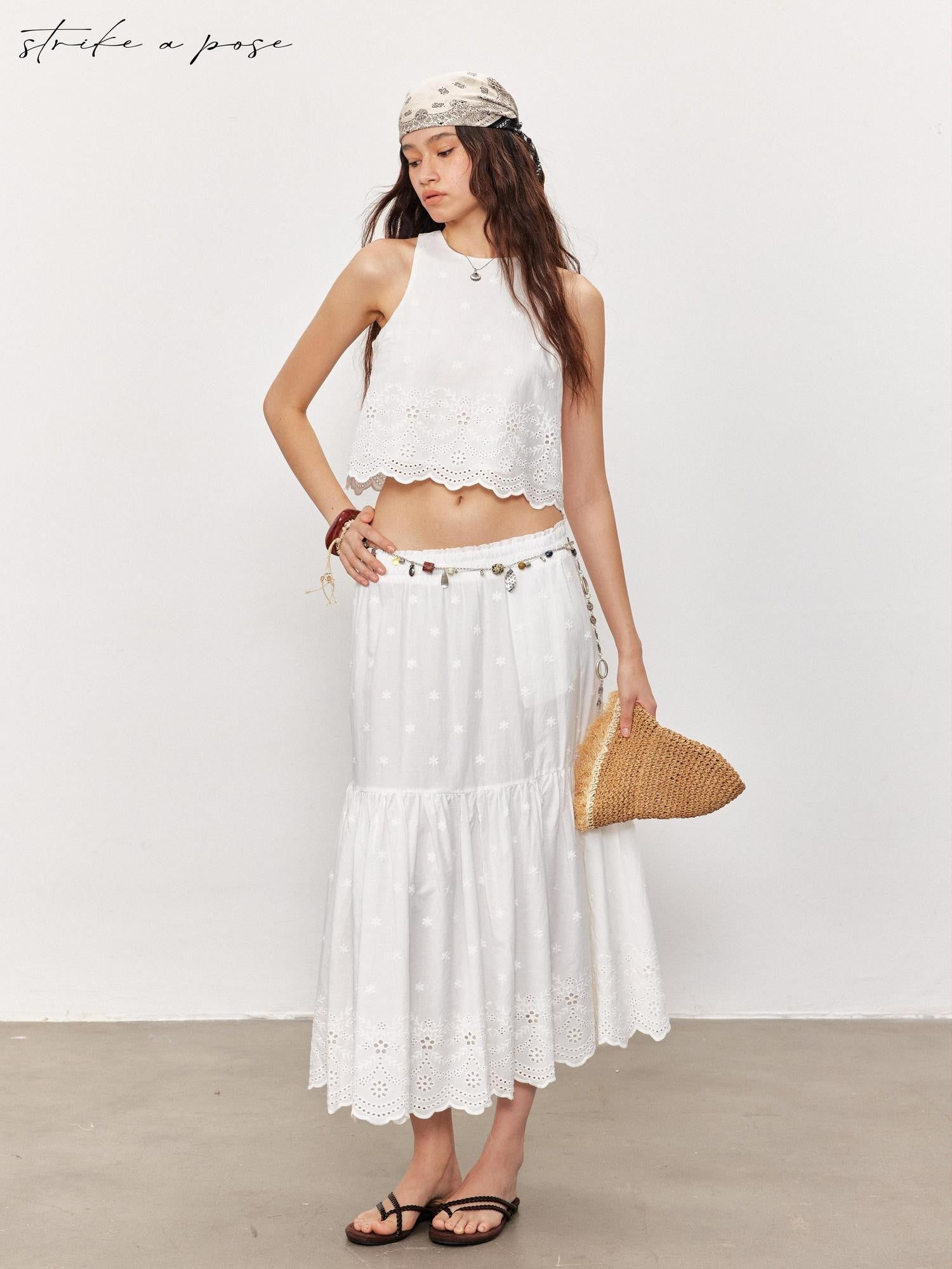 STRIKE A POSE White Embroidered Round Neck Short Sleeve Women&
