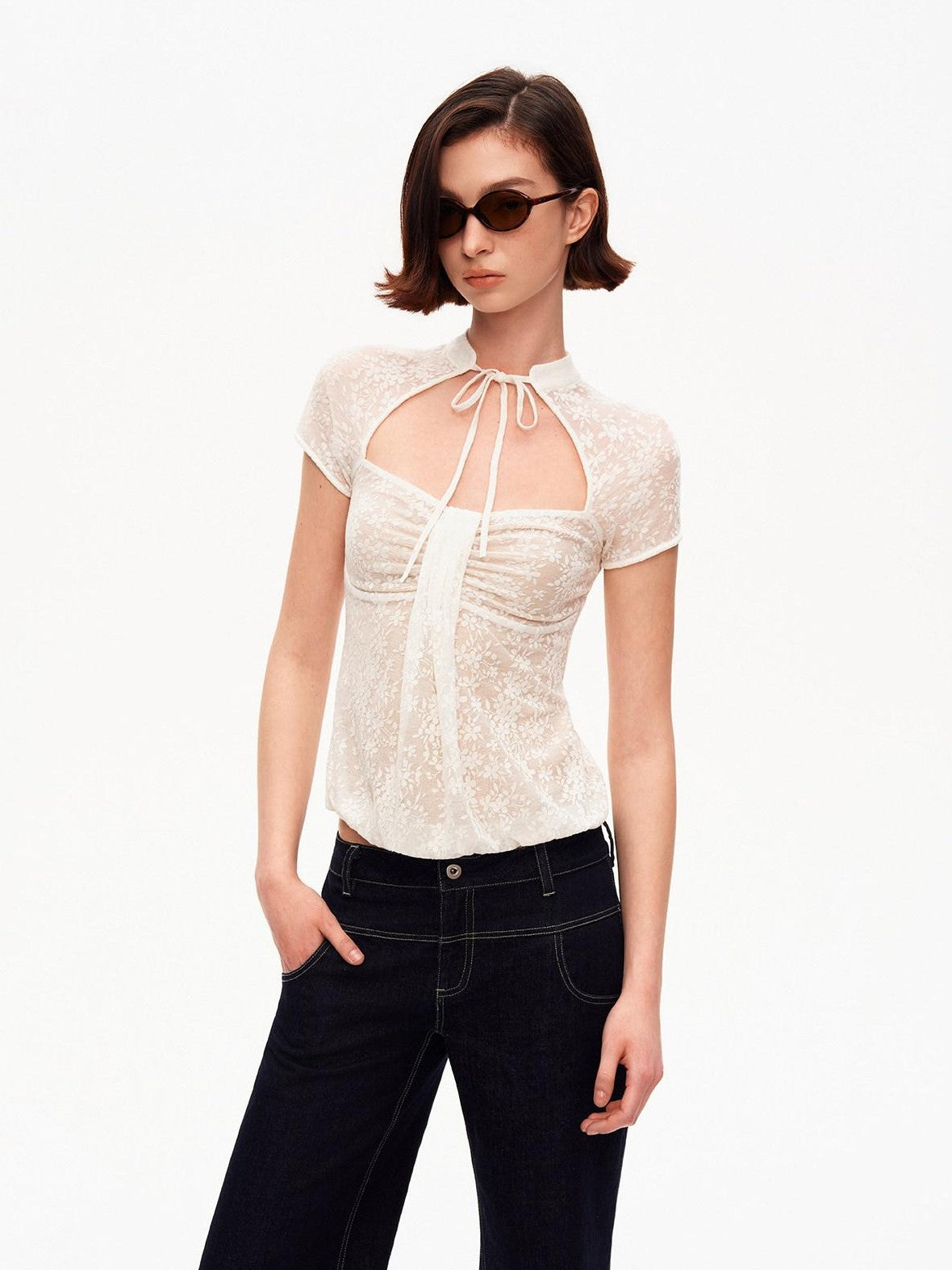 STRIKE A POSE White Lace Jacquard Cutout Stand Collar Women&