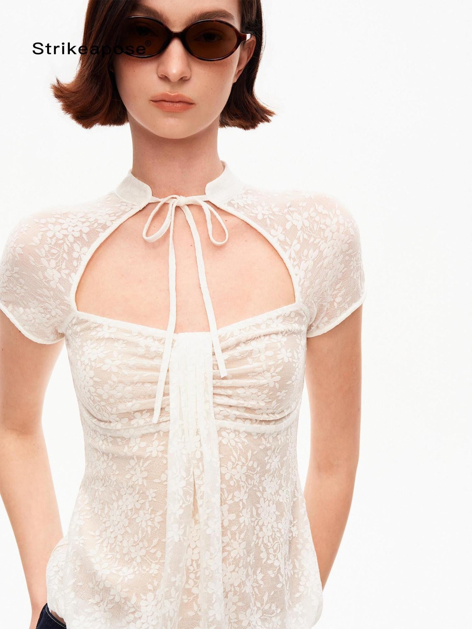 STRIKE A POSE White Lace Jacquard Cutout Stand Collar Women&