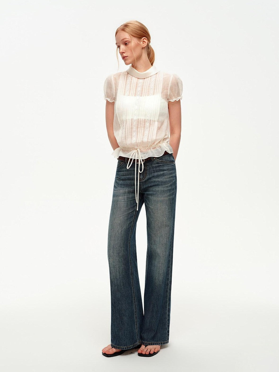 STRIKE A POSE White Lace Tuck Pleat Drawstring Waist Women&