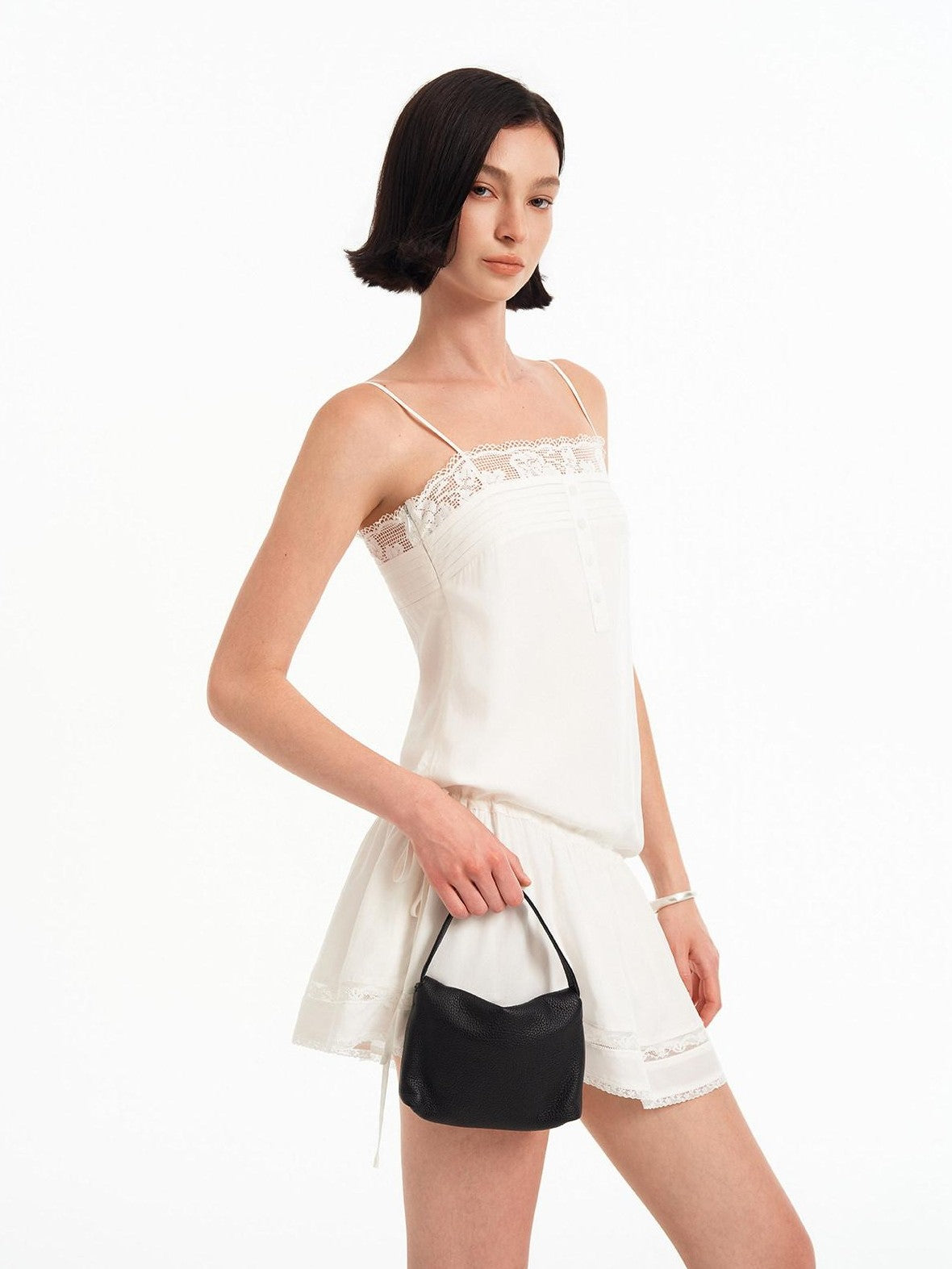 STRIKE A POSE White Pleated Lace Trim Button A Line Women&