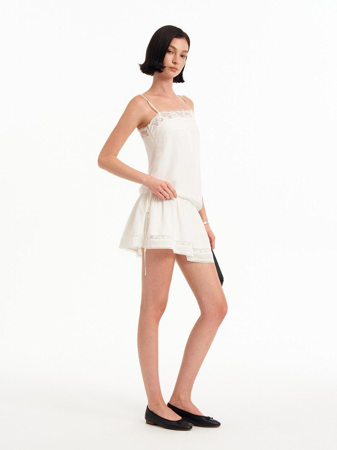 STRIKE A POSE White Pleated Lace Trim Button A Line Women&