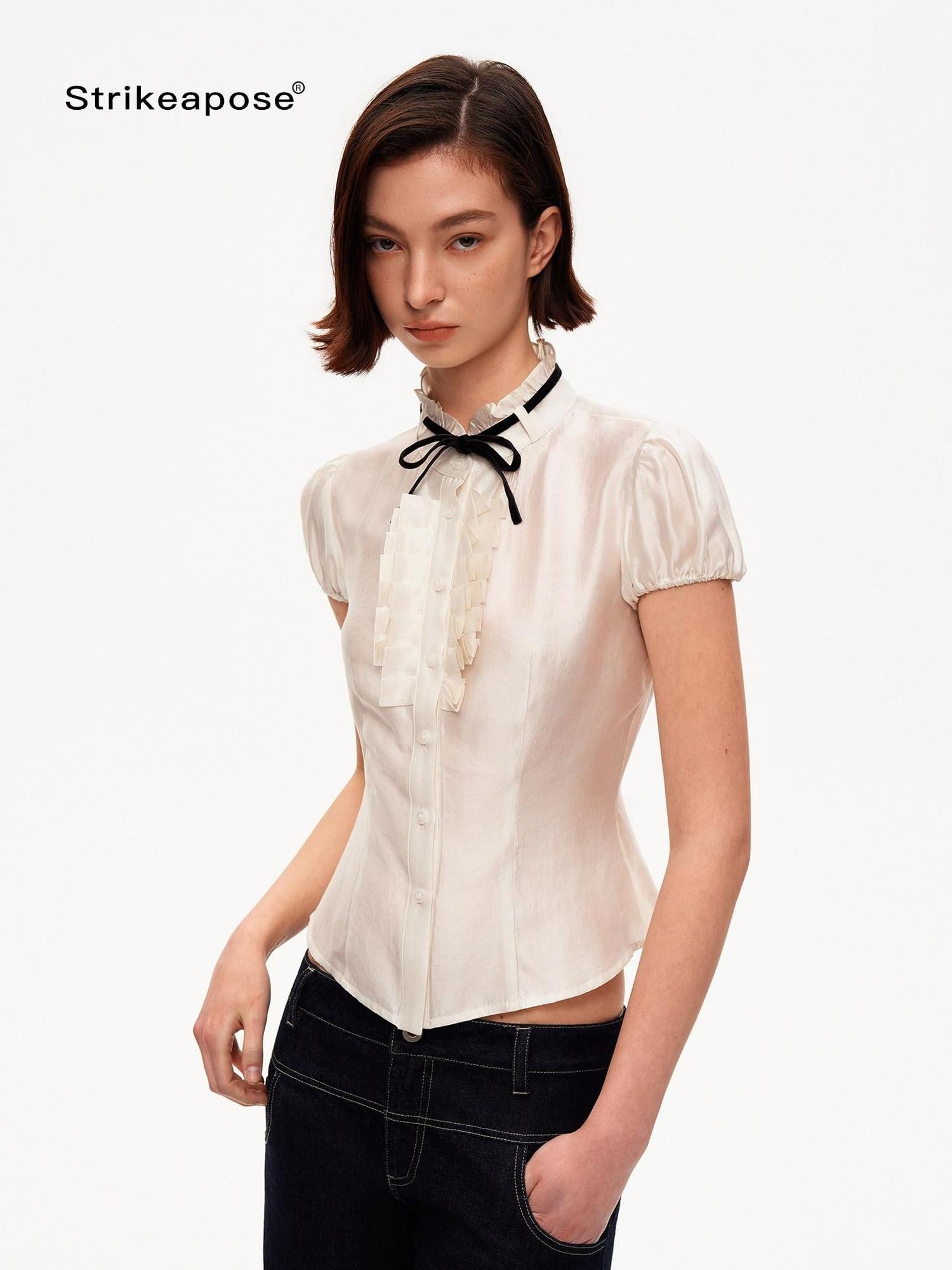 STRIKE A POSE White Puff Sleeve Stand Collar Slim Waist Lightweight Women&