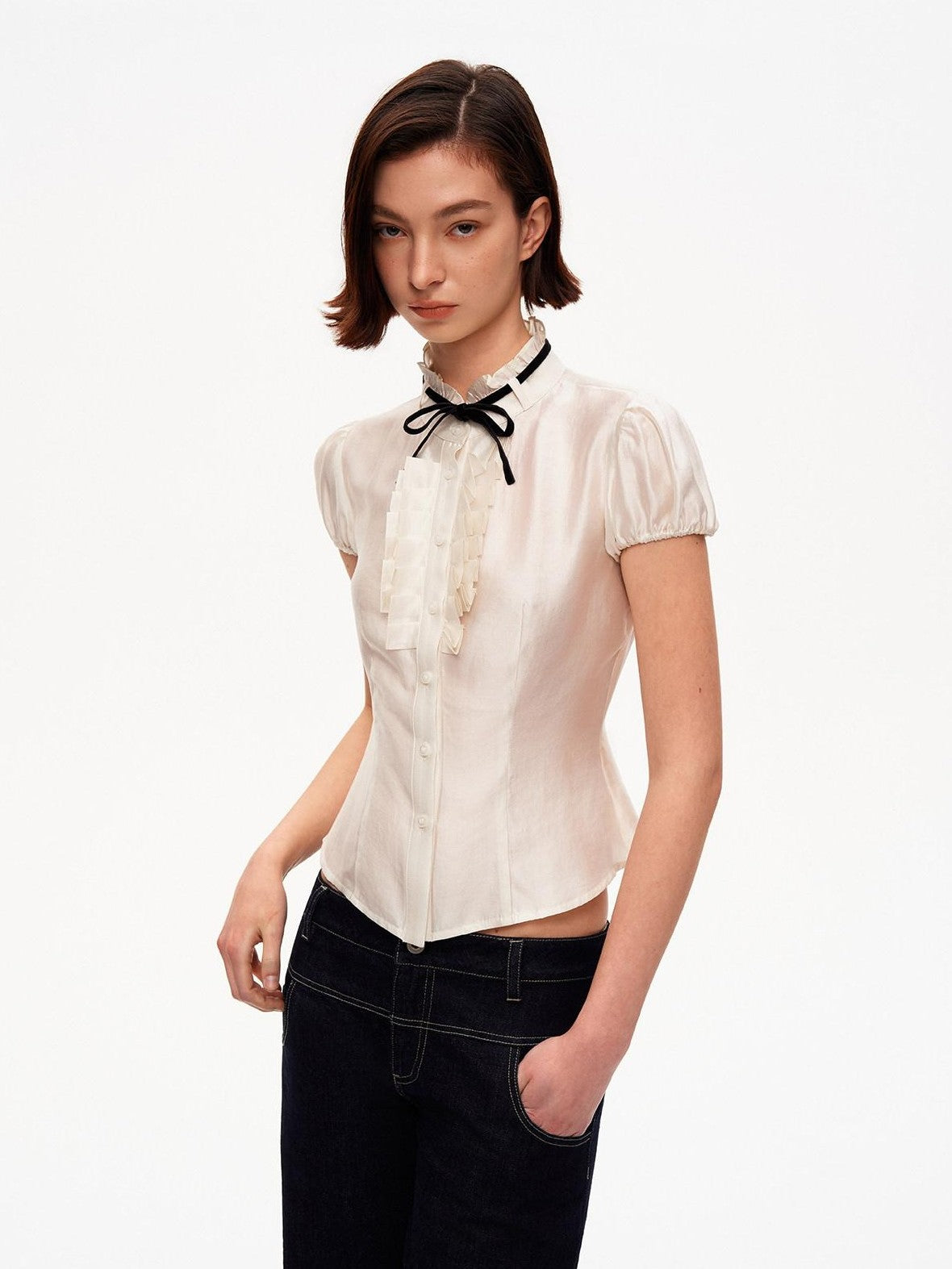 STRIKE A POSE White Puff Sleeve Stand Collar Slim Waist Lightweight Women&
