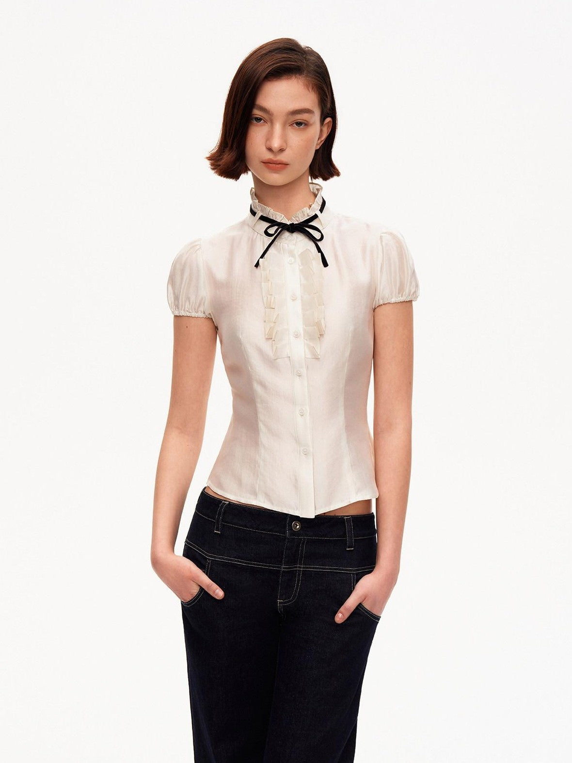 STRIKE A POSE White Puff Sleeve Stand Collar Slim Waist Lightweight Women&
