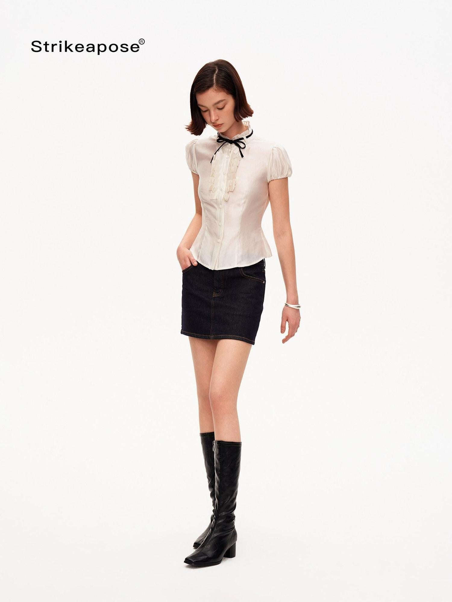 STRIKE A POSE White Puff Sleeve Stand Collar Slim Waist Lightweight Women&
