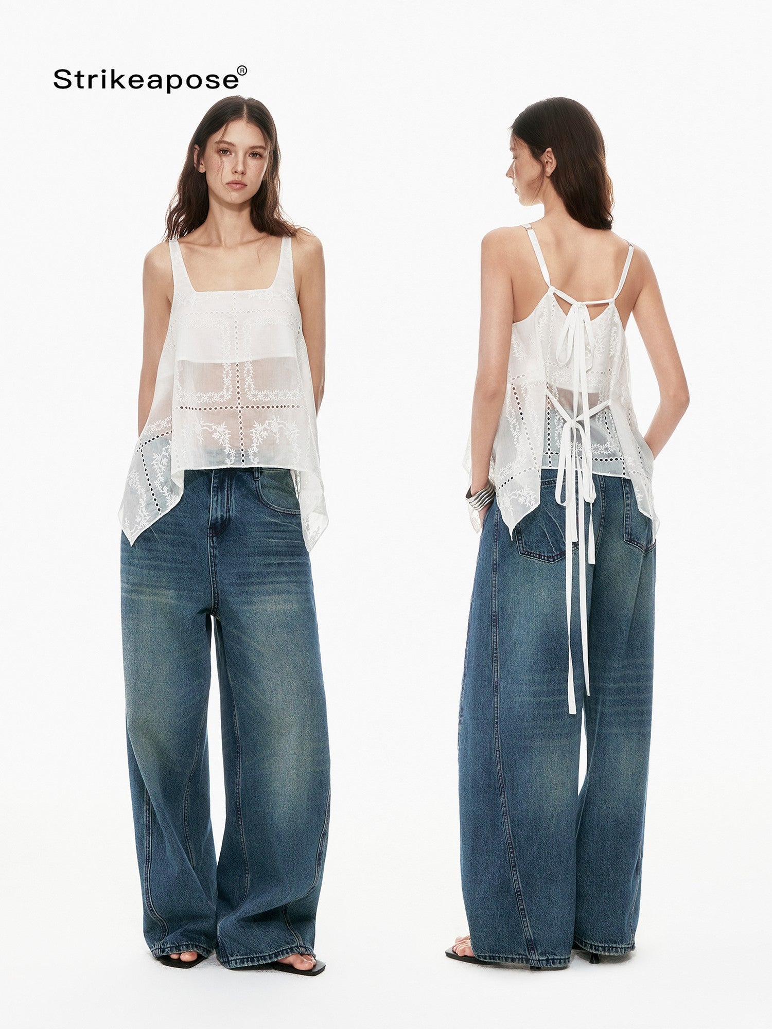 STRIKE A POSE White Sheer Square Neck Asymmetric Cutout Embroidered Women&
