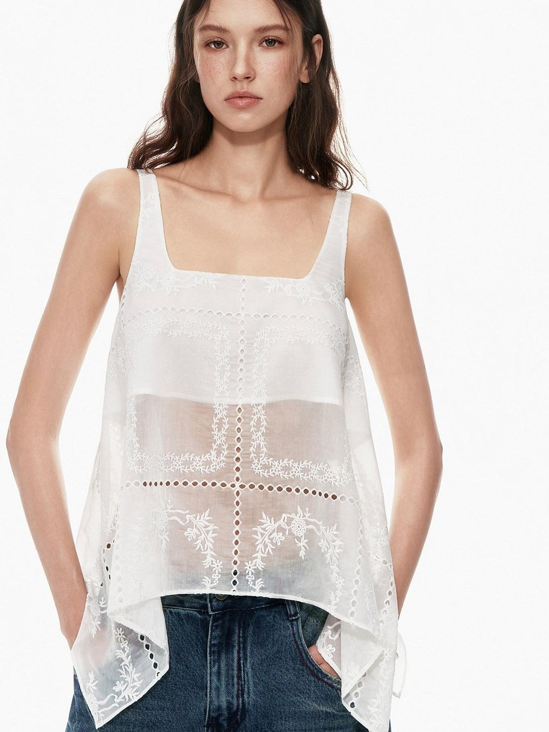 STRIKE A POSE White Sheer Square Neck Asymmetric Cutout Embroidered Women&