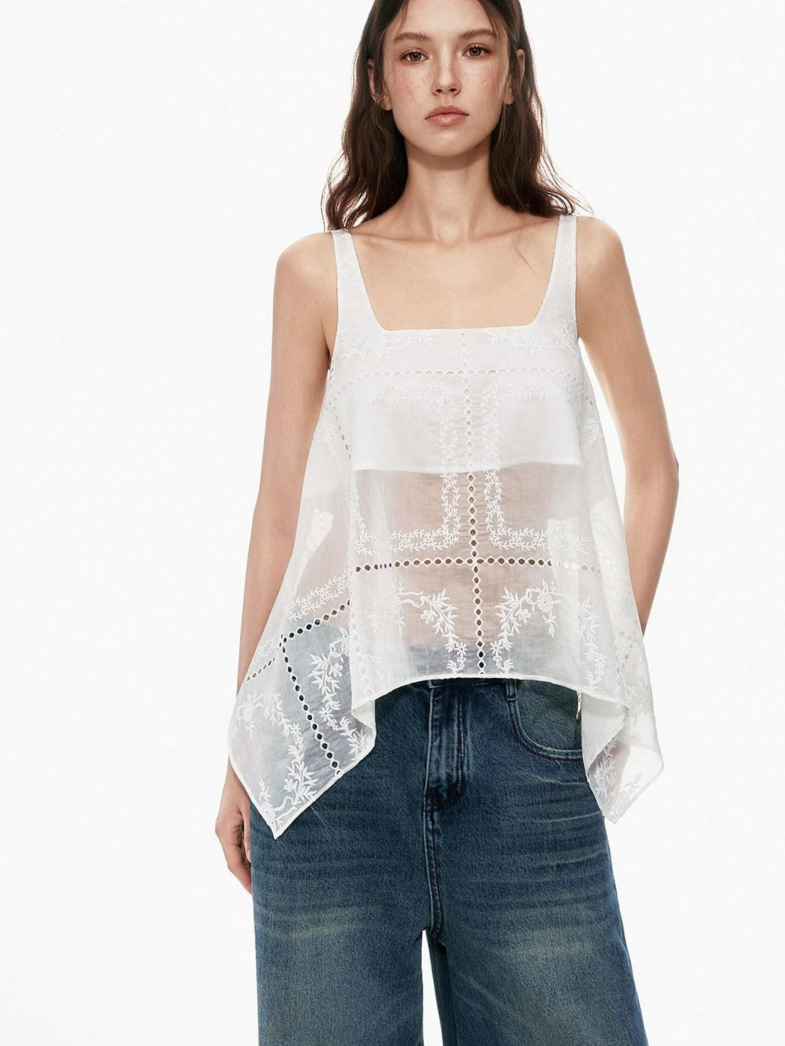 STRIKE A POSE White Sheer Square Neck Asymmetric Cutout Embroidered Women&