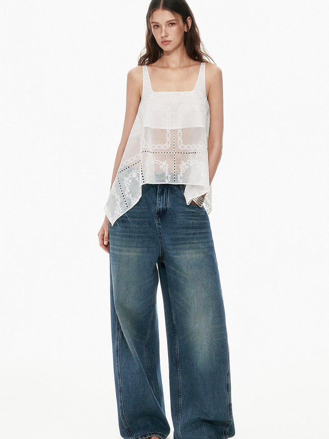 STRIKE A POSE White Sheer Square Neck Asymmetric Cutout Embroidered Women&