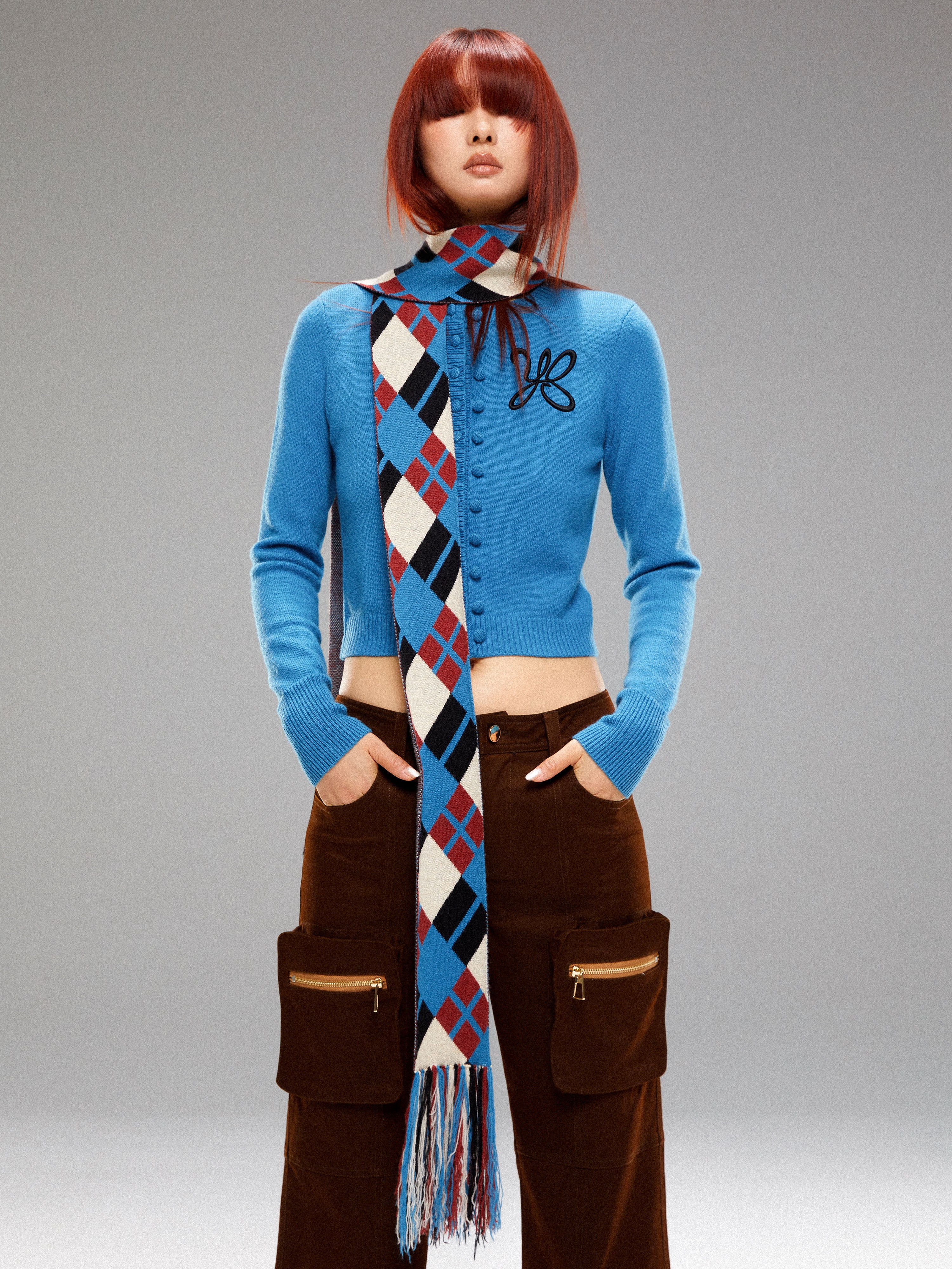 YOSHUYUKI Island Contrast Check Scarf Blue Red Wool Blend Winter Plaid