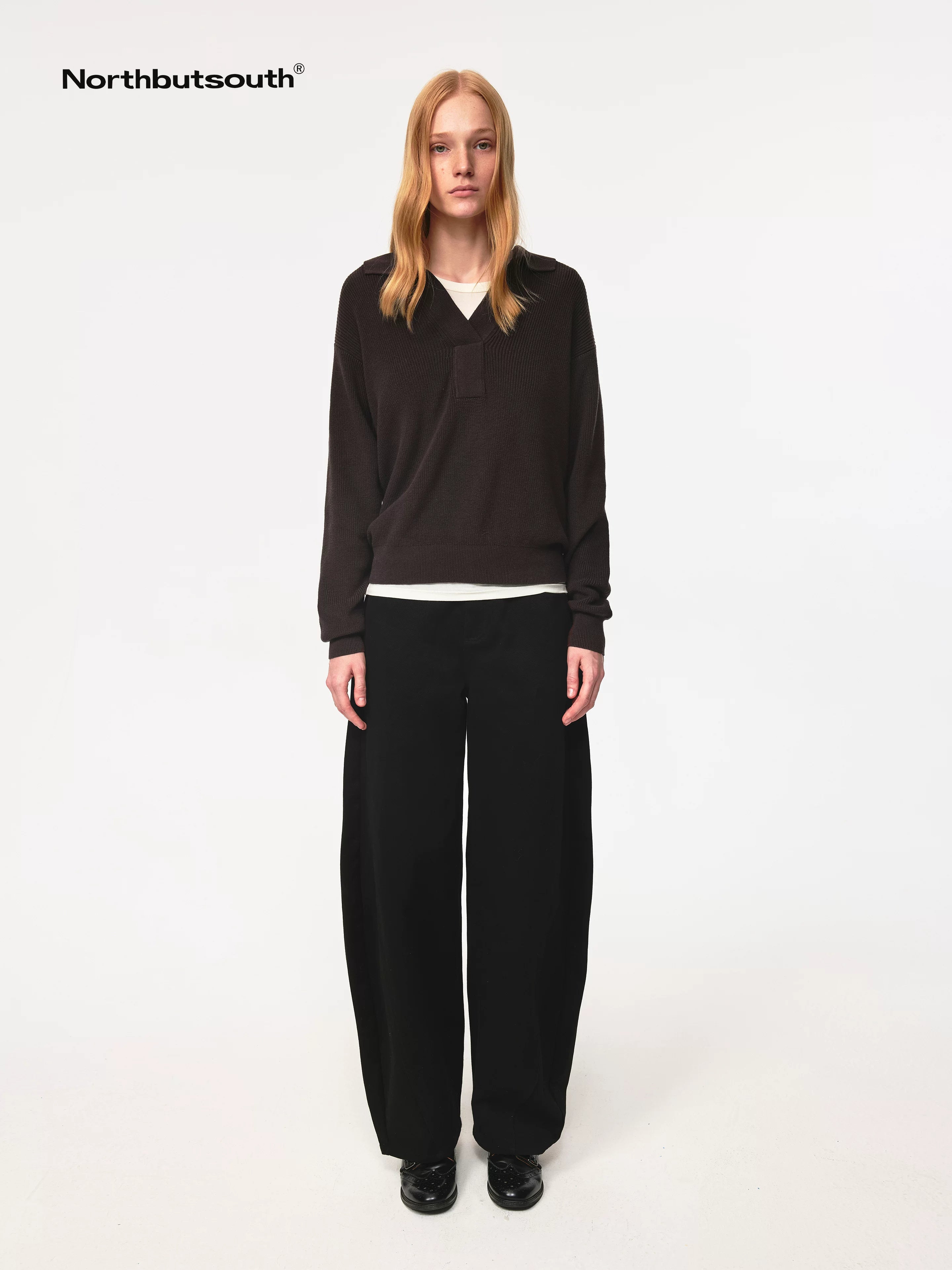 Semi Collar Loose Stack Knit Polo Top