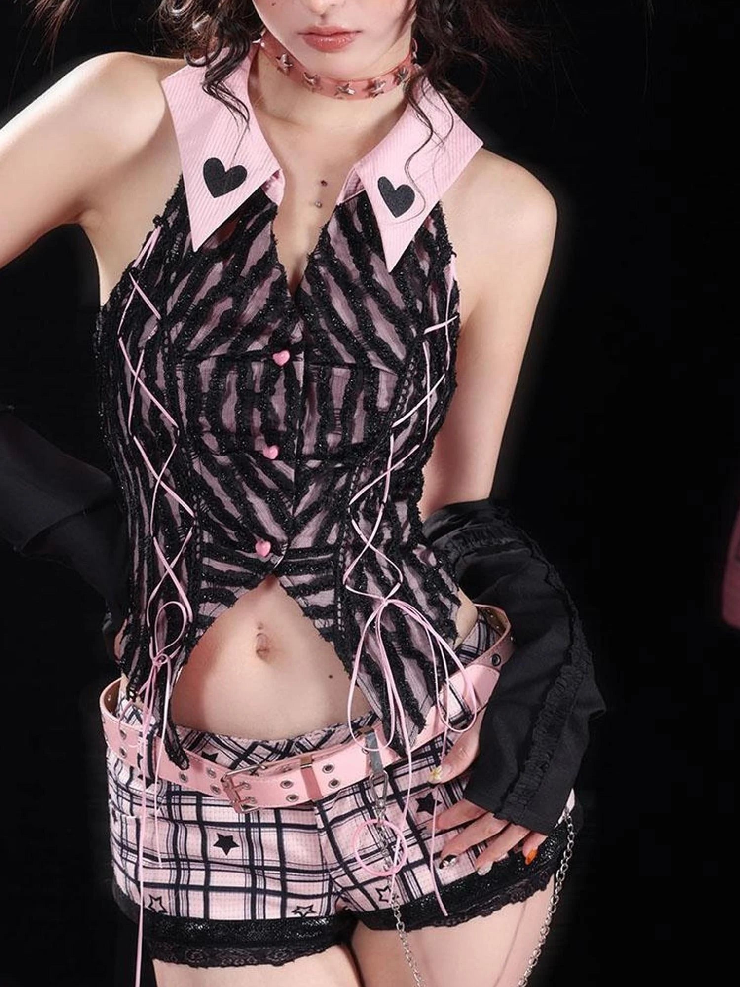 Sexy Asian Girl Black Pink Star Print Ultra Low Rise Shorts