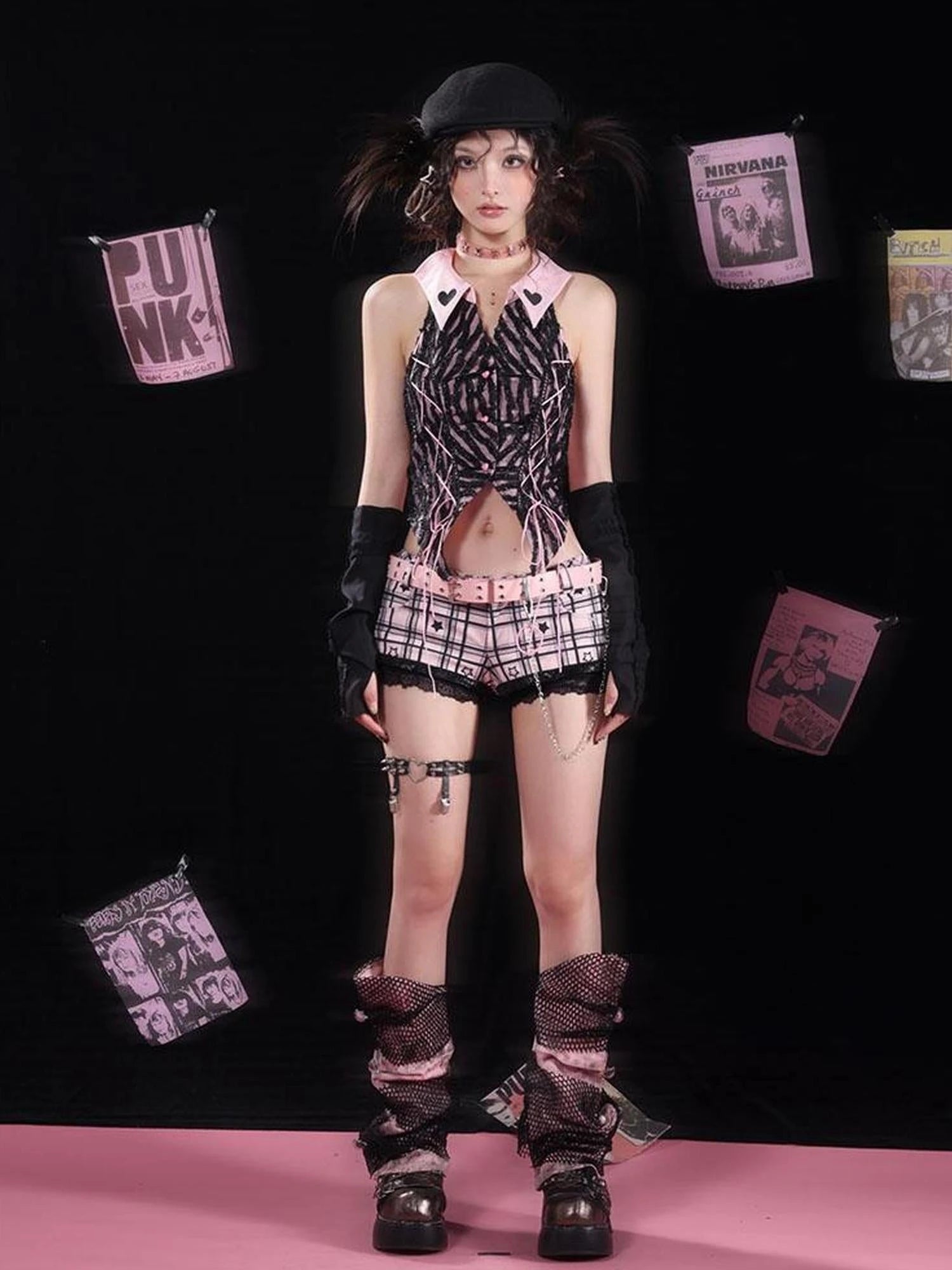 Sexy Asian Girl Black Pink Star Print Ultra Low Rise Shorts