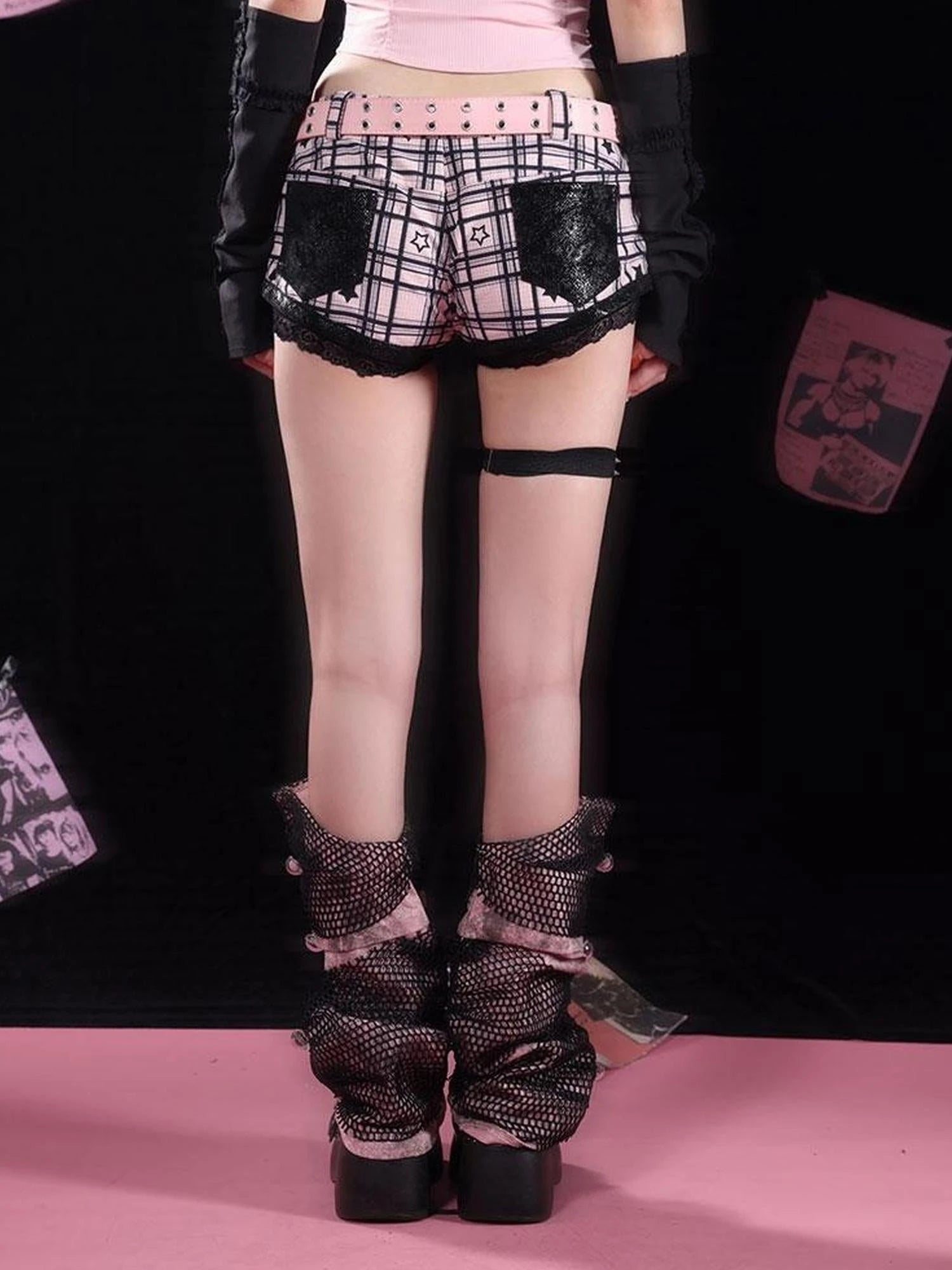 Sexy Asian Girl Black Pink Star Print Ultra Low Rise Shorts