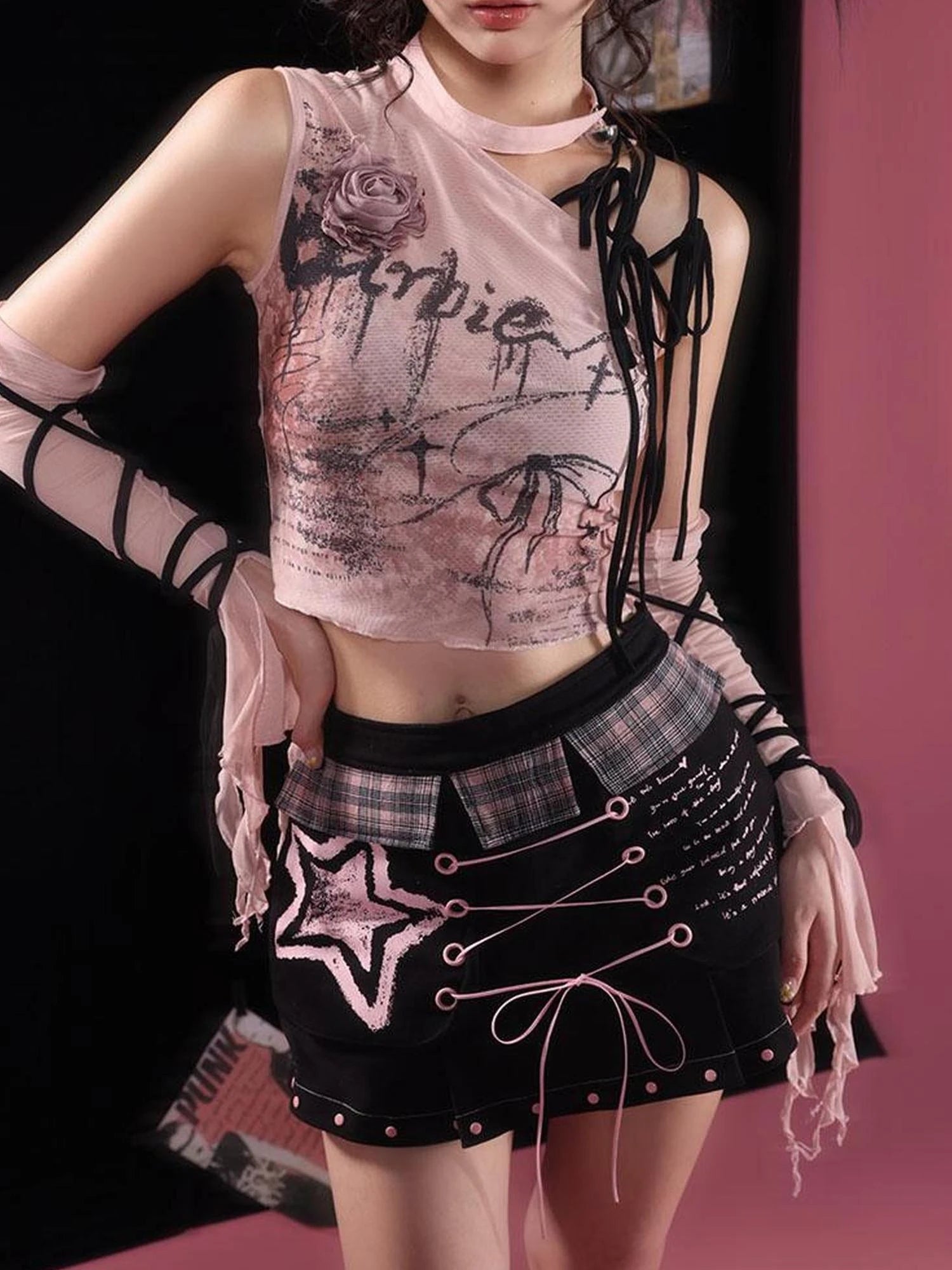 Sexy Black Pink Denim Print Studded Mini Skirt