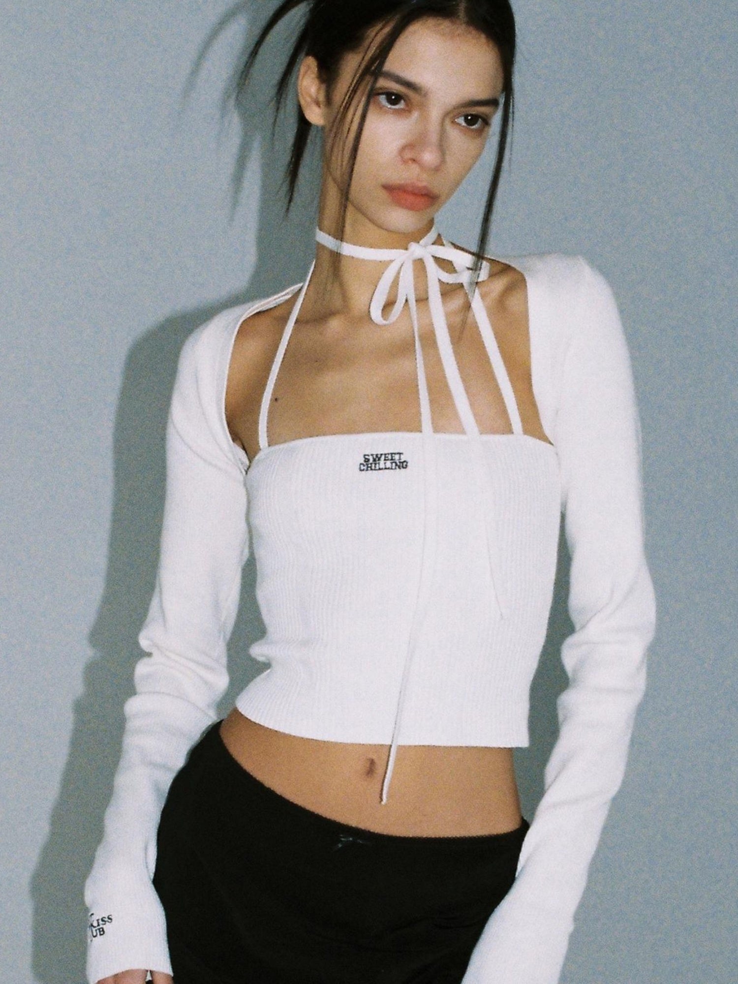 SweetChilling Sexy Knit Tube Top Set With Lace-Up Neckline & Sleeves - Bodysuit