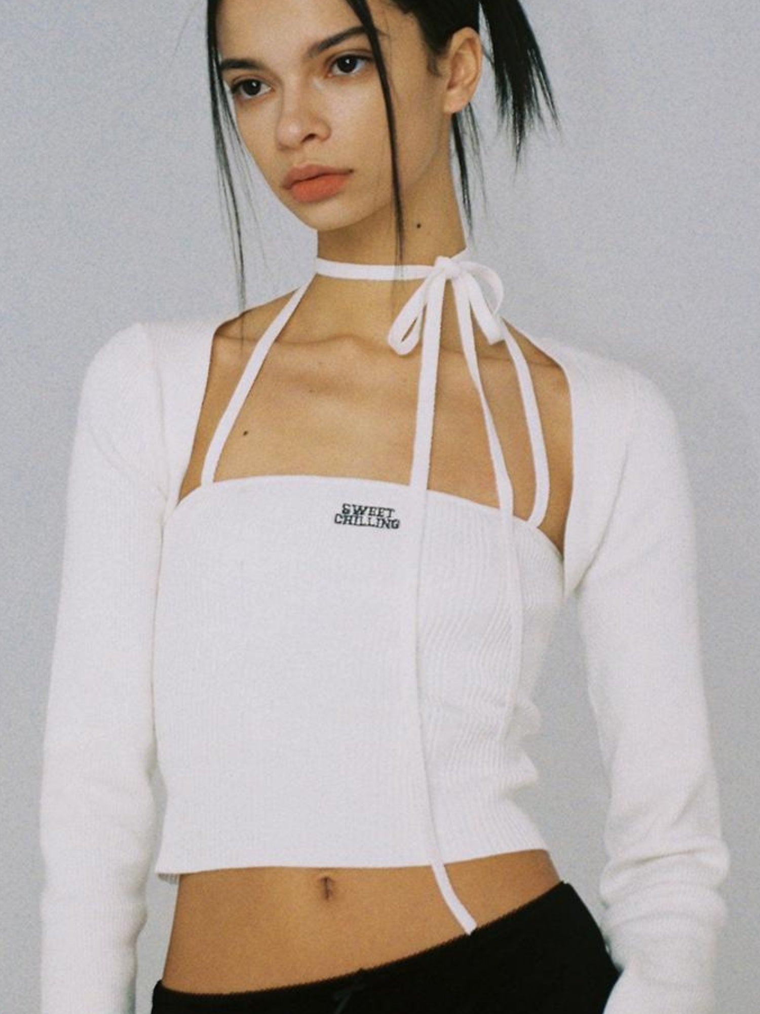 SweetChilling Sexy Knit Tube Top Set With Lace-Up Neckline & Sleeves - Bodysuit