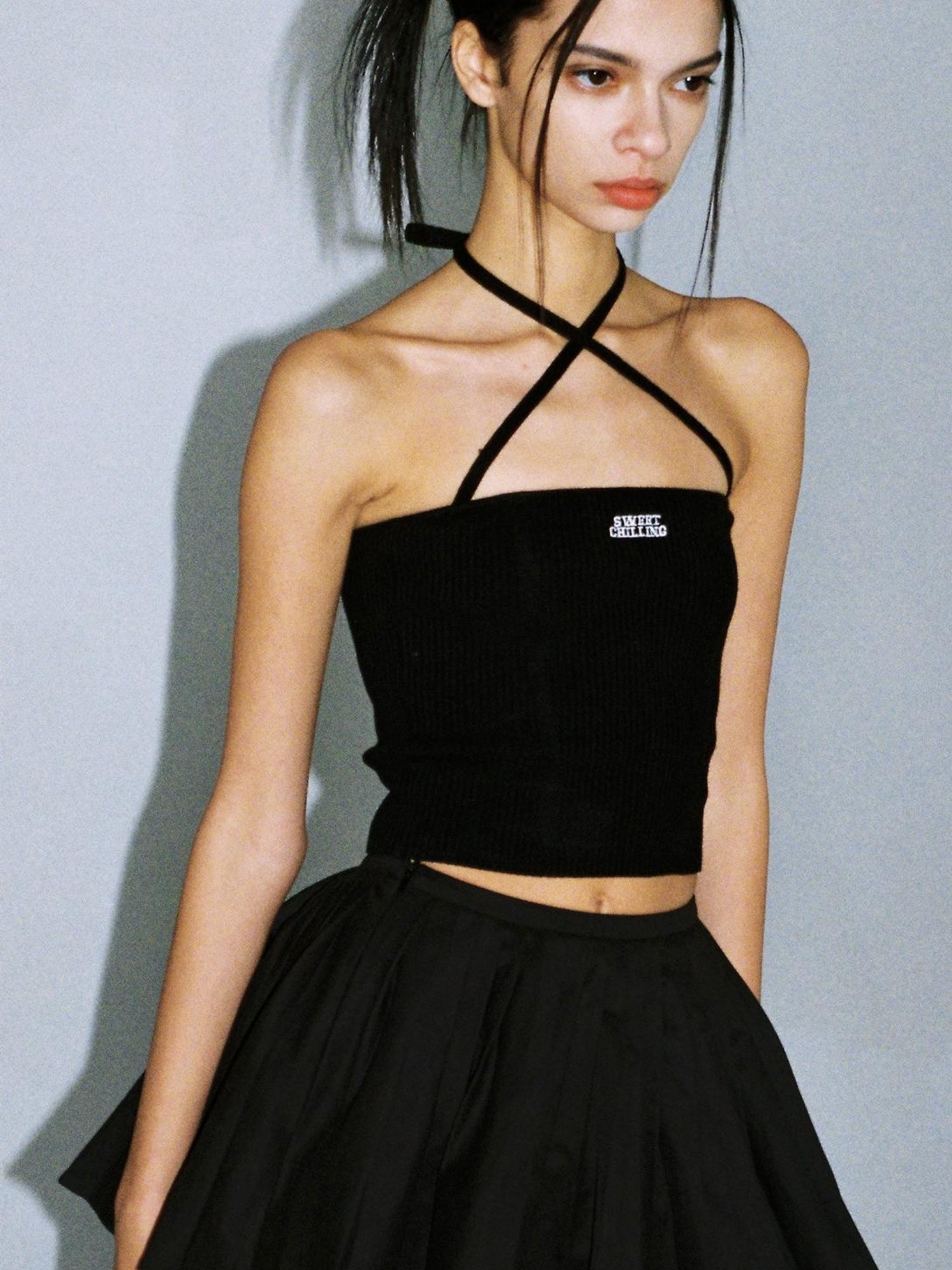 SweetChilling Sexy Knit Tube Top Set With Lace-Up Neckline & Sleeves - Bodysuit
