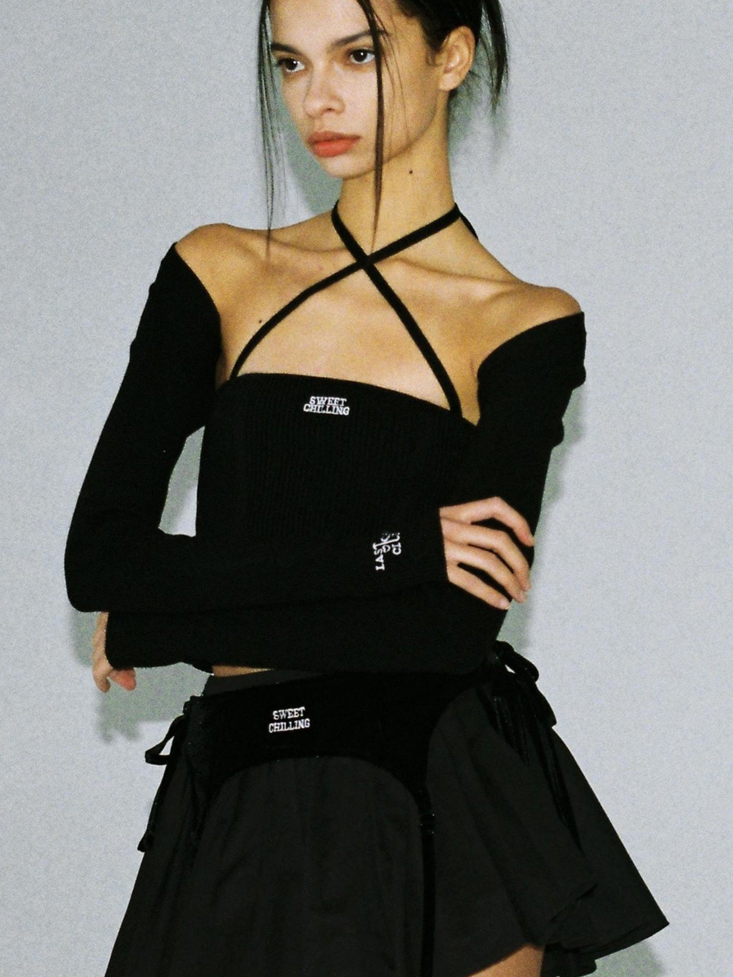 SweetChilling Sexy Knit Tube Top Set With Lace-Up Neckline & Sleeves - Bodysuit
